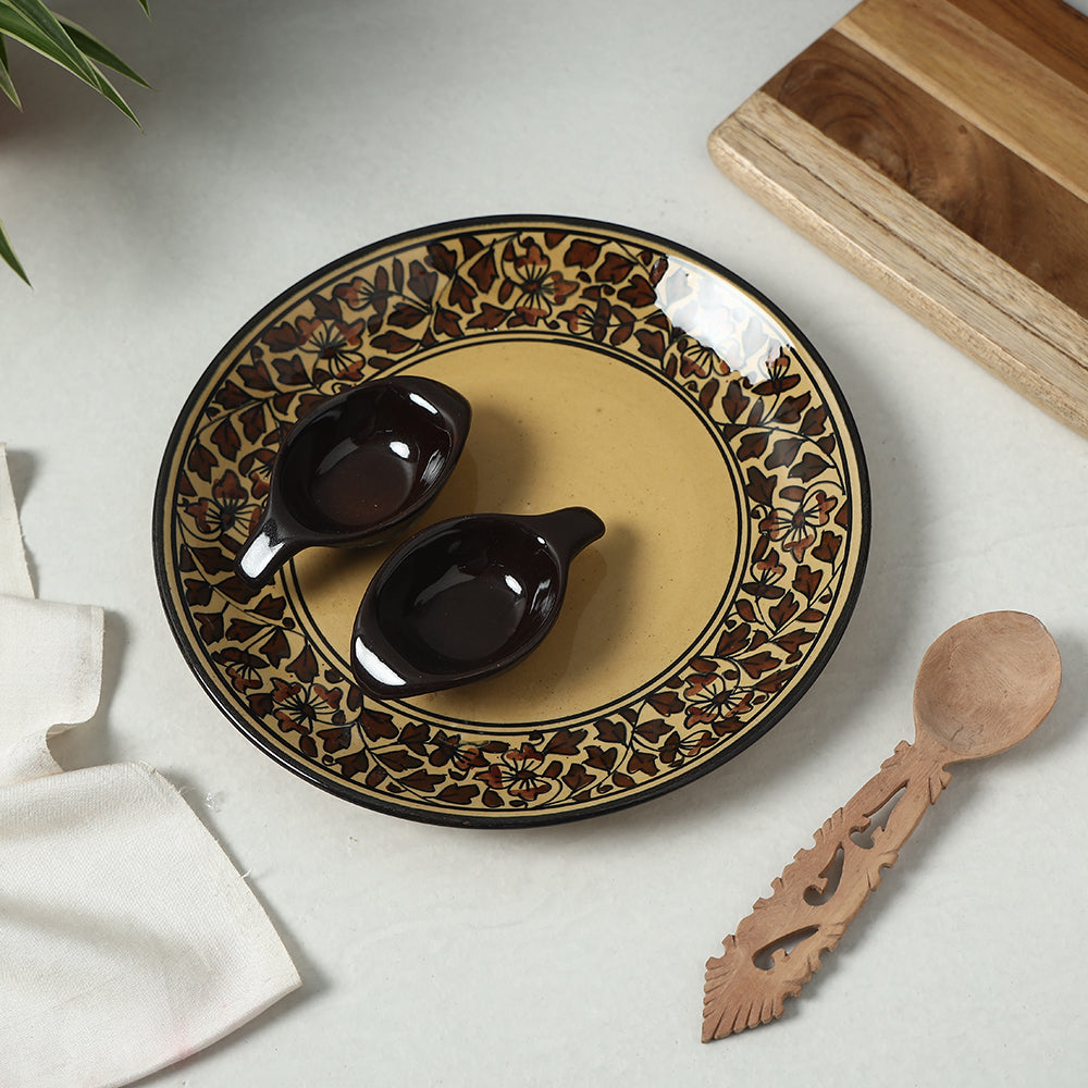 HAVELI CHRONICLES Brown - Handpainted Ceramic Chip-n-Dip Platter with 2 Fixed Dip Bowls
