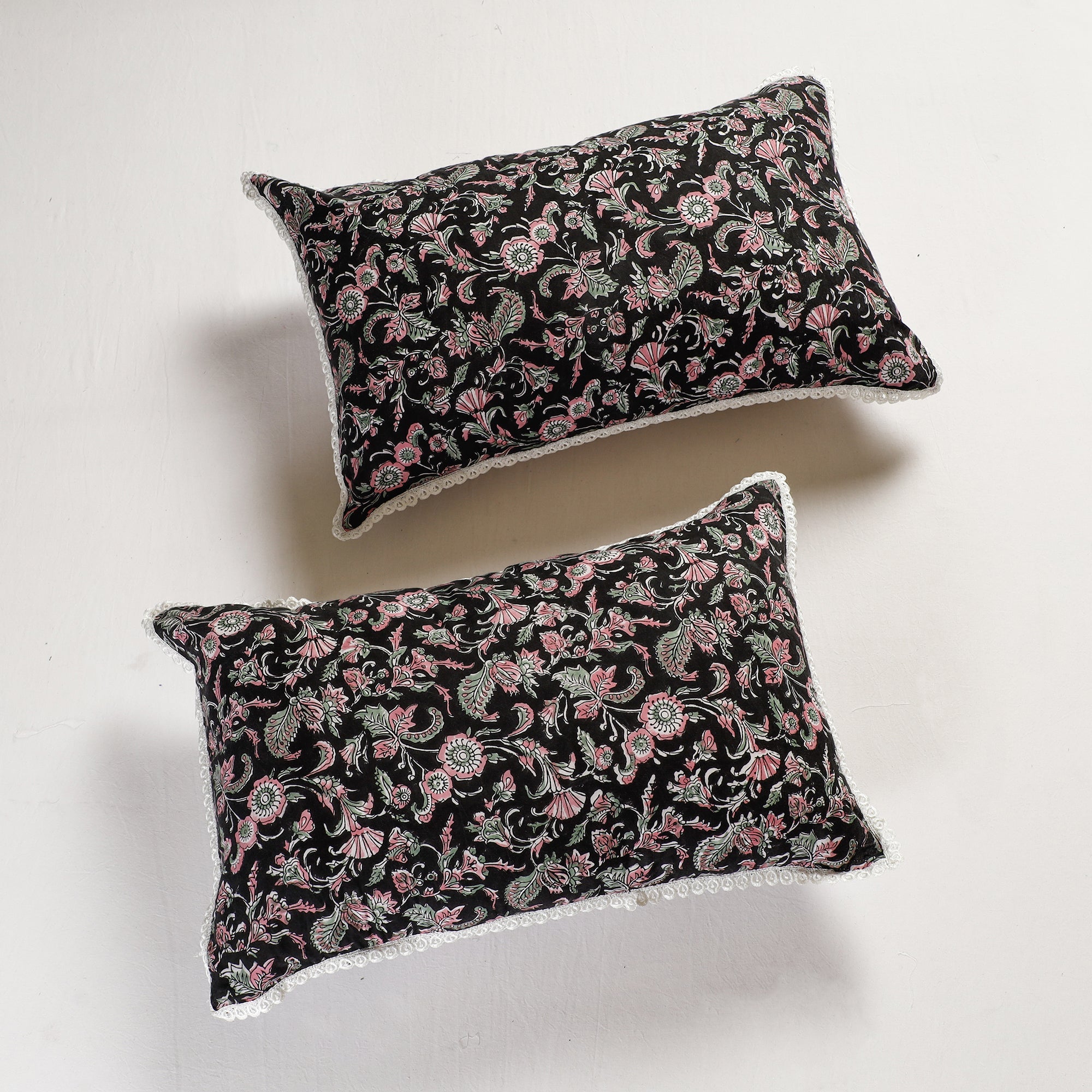 HAVELI CHRONICLES Black - Sanganeri Block Printed Cotton Pillow Cover with Lace (26 x 16 in) - Set of 2 - view 2