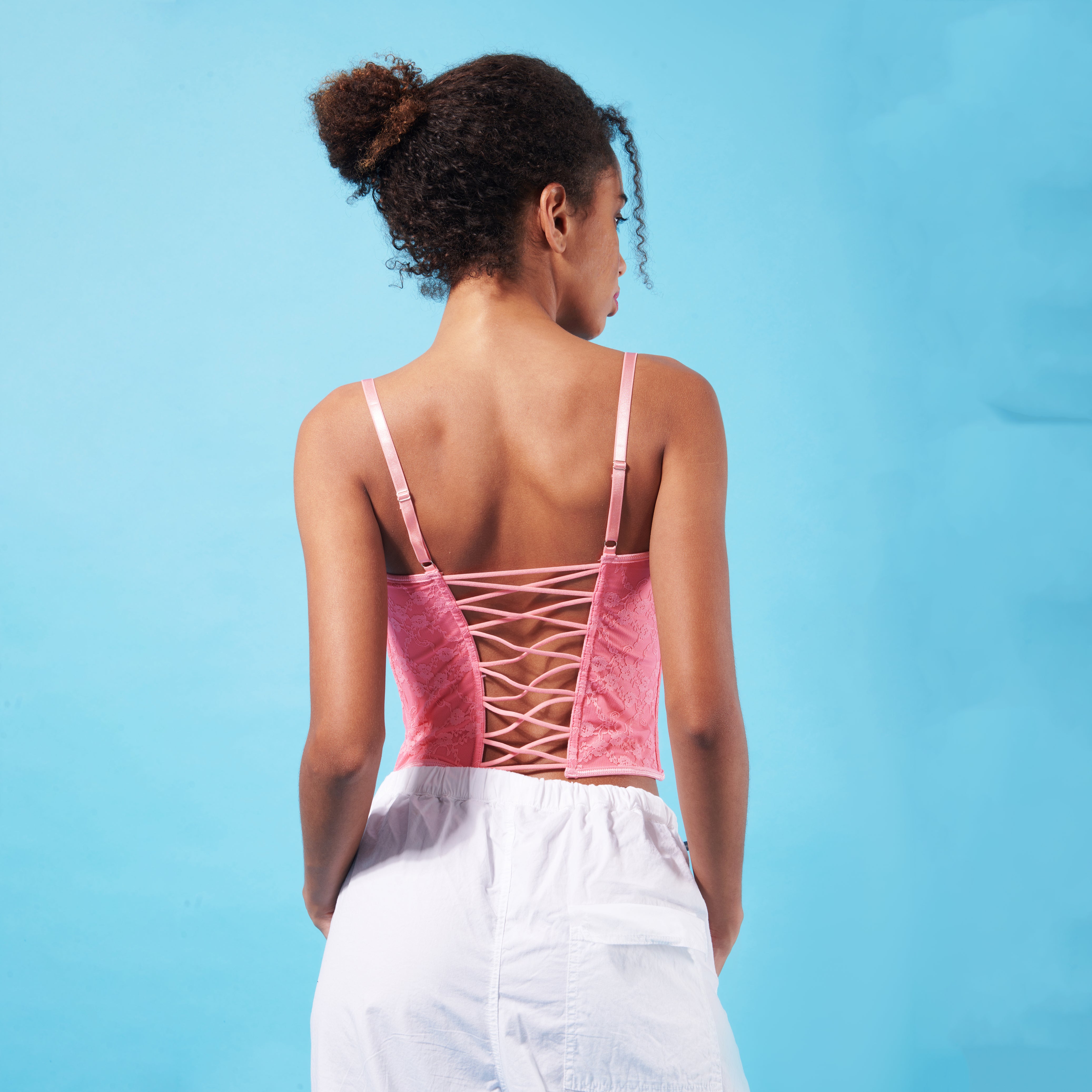 I Z F Pink Lace Corset Top & White Parachute Pants - view 3