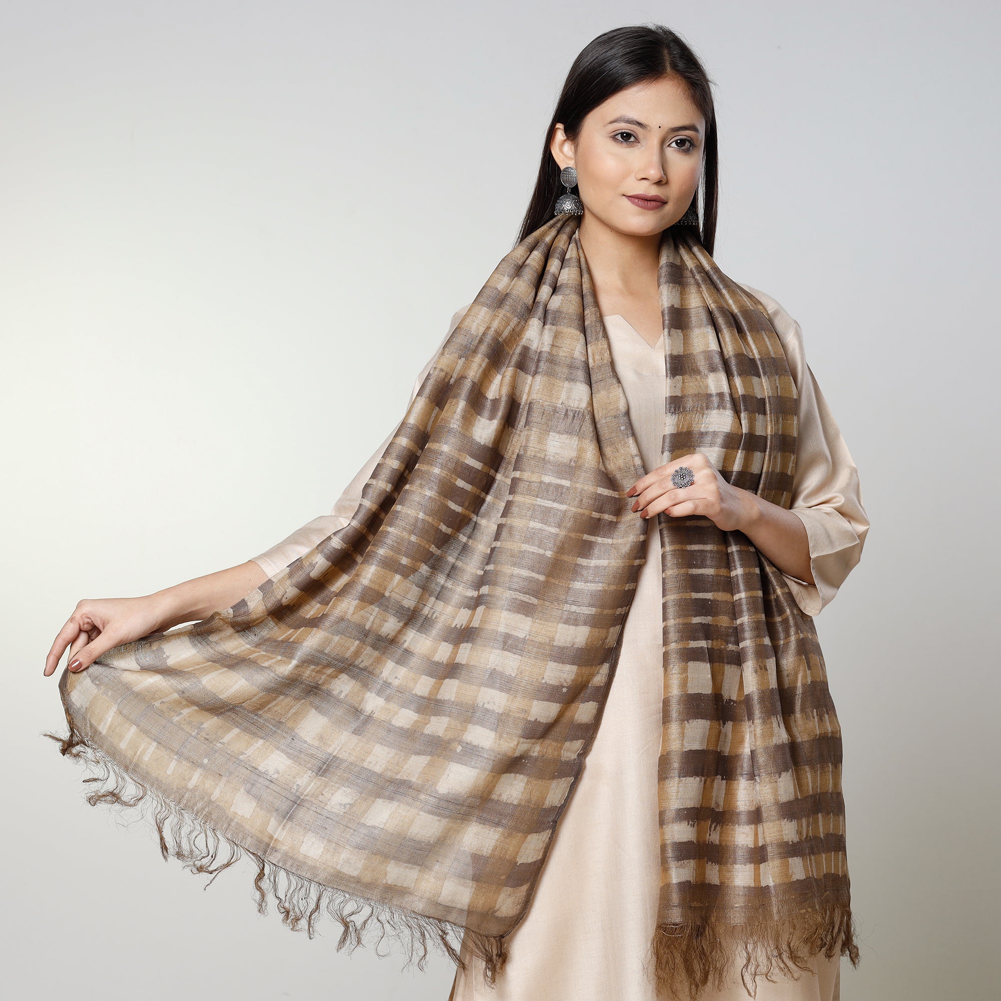 BINDAAS UNLIMITED Brown - Handloom Block Art Print Tussar Silk Bindaas Stole - view 2
