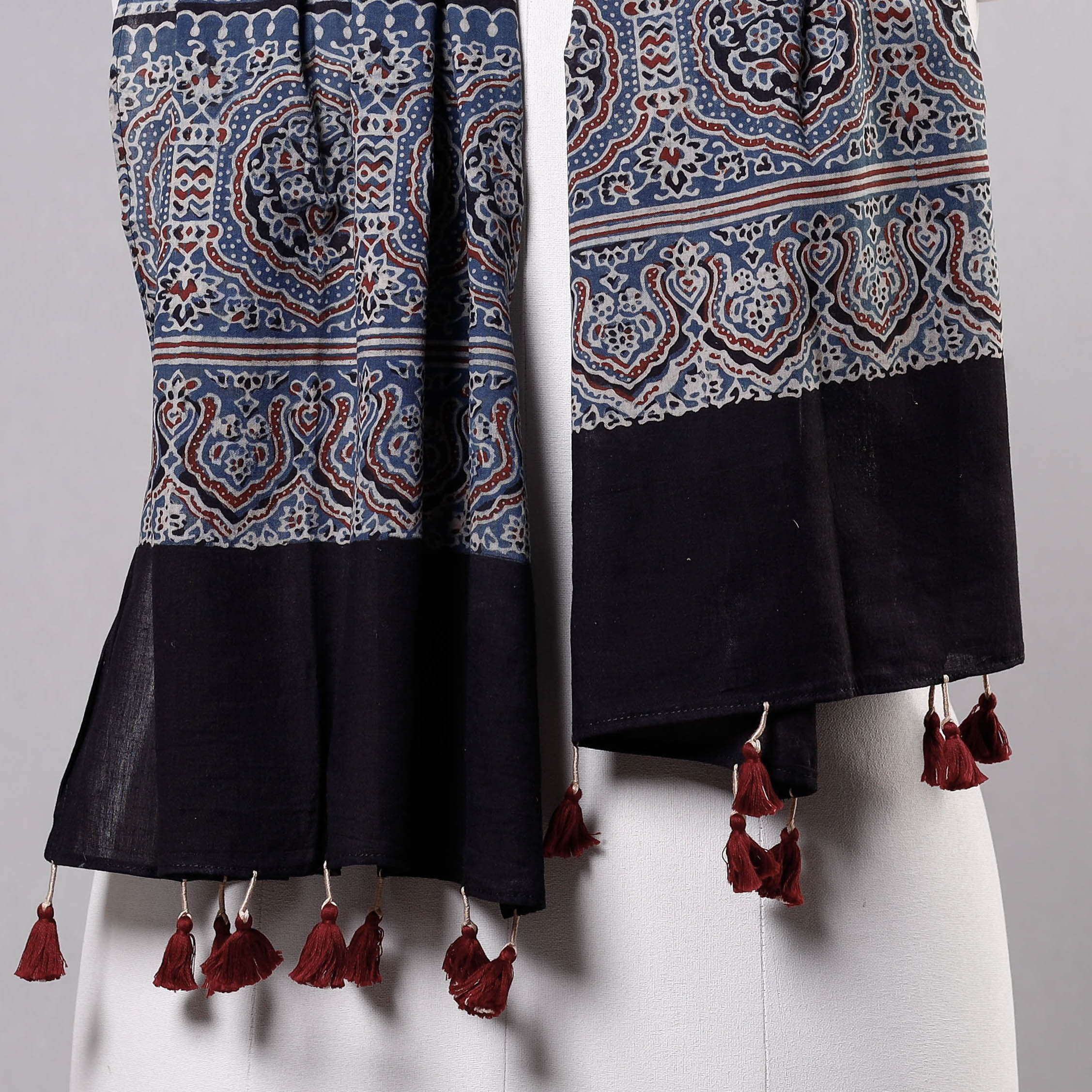 RIYAZ ABDULMAJID KHATRI - AJRAKH Blue - Ajrakh Block Printed Mul Cotton Stole with Tassels - view 3