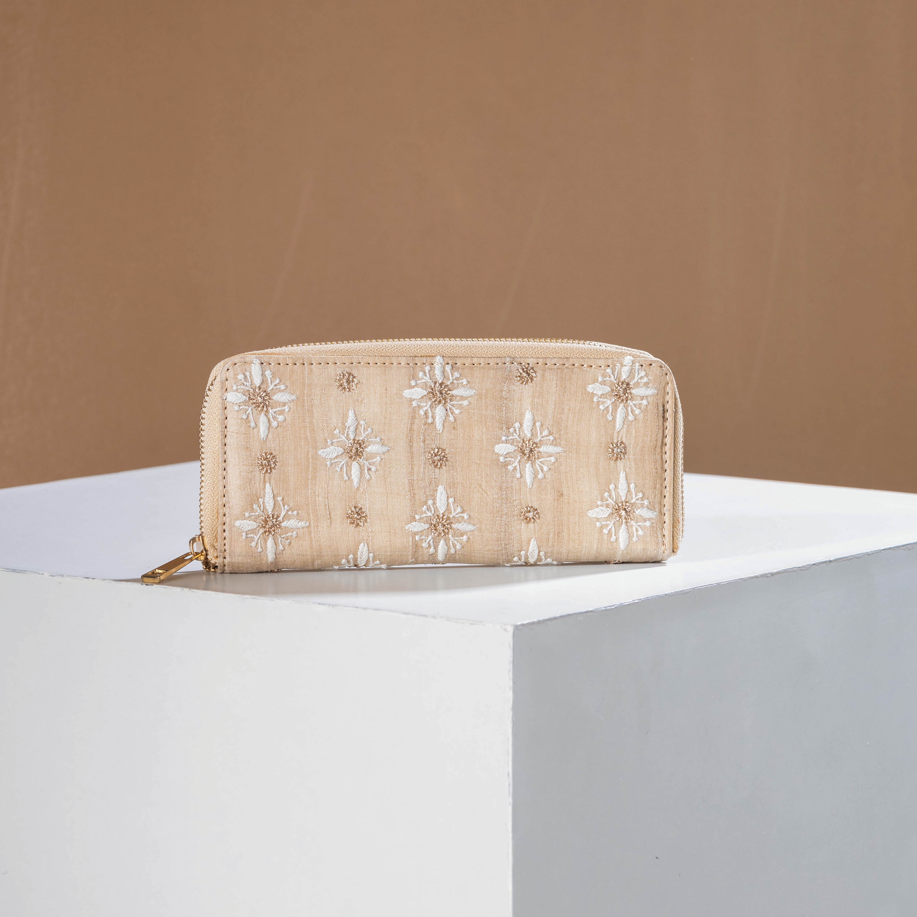 LAVANGG Beige - Chikankari Hand Embroidered Tussar Silk Wallet