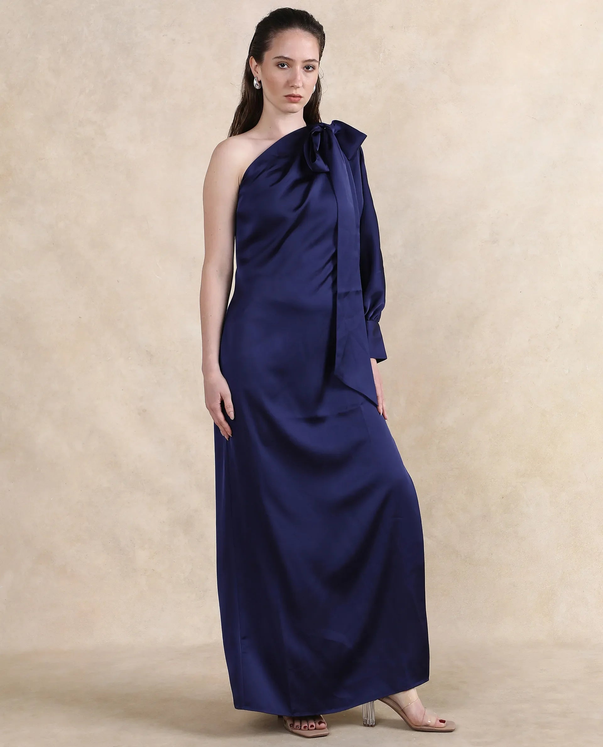 Rareism Women Ankara Navy One Shoulder Straight Fit Maxi Plain Dress - view 4