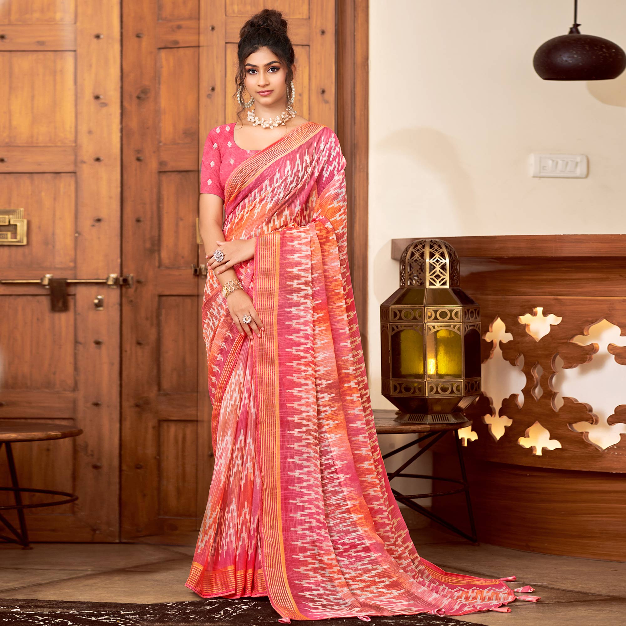 Peachmode Gajri Pink Ikkat Printed Chiffon Saree