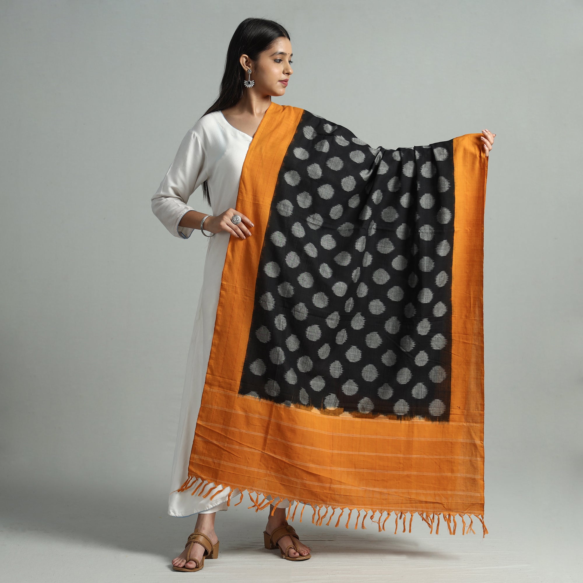 SOUTH KARGHA Black - Pochampally Double Ikat Cotton Handloom Dupatta with Tassels 56