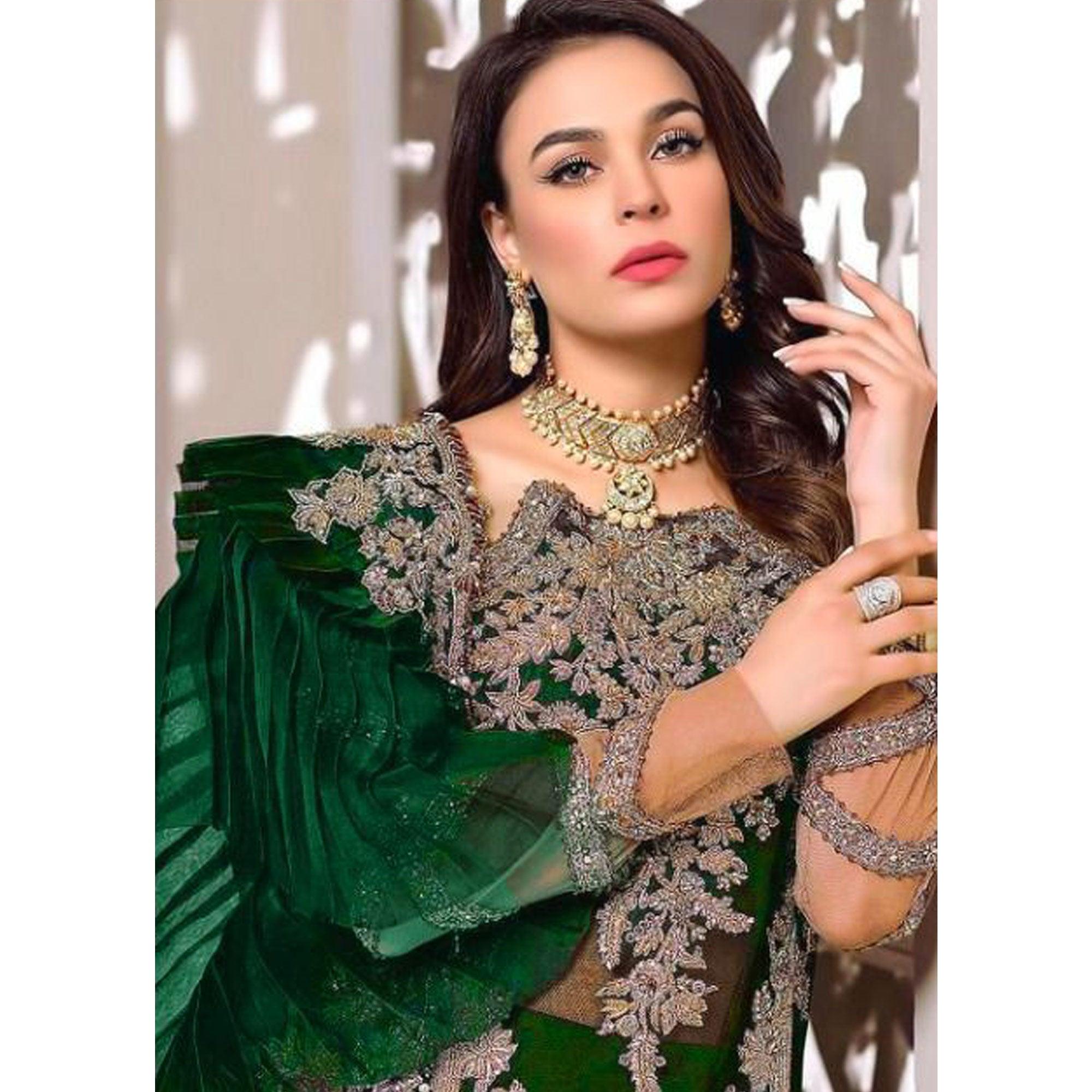 Peachmode Bottle Green Embroidered Resham Work Georgette Pakistani Suit - view 4