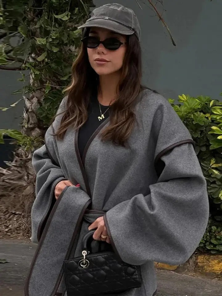 Alamode By Akanksha Kara Statement Woolen Overcoat with Belt In Grey