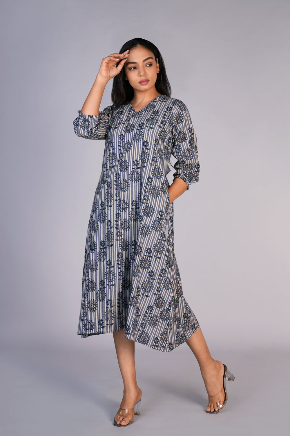 Kalanjali Ethnics Grey Blue Kalamkari handblock printed dress