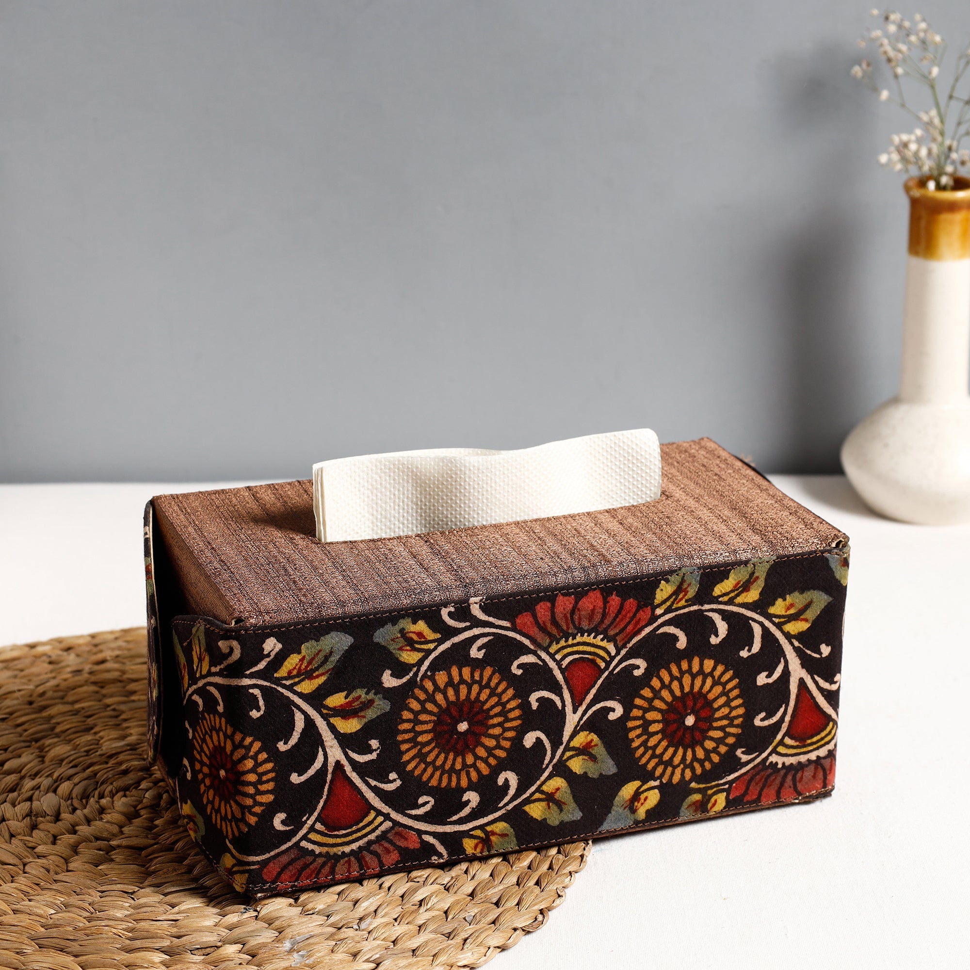 DWARAKA PLUS Brown - Handpainted Kalamkari Natural Dyed Cotton Tissue Box