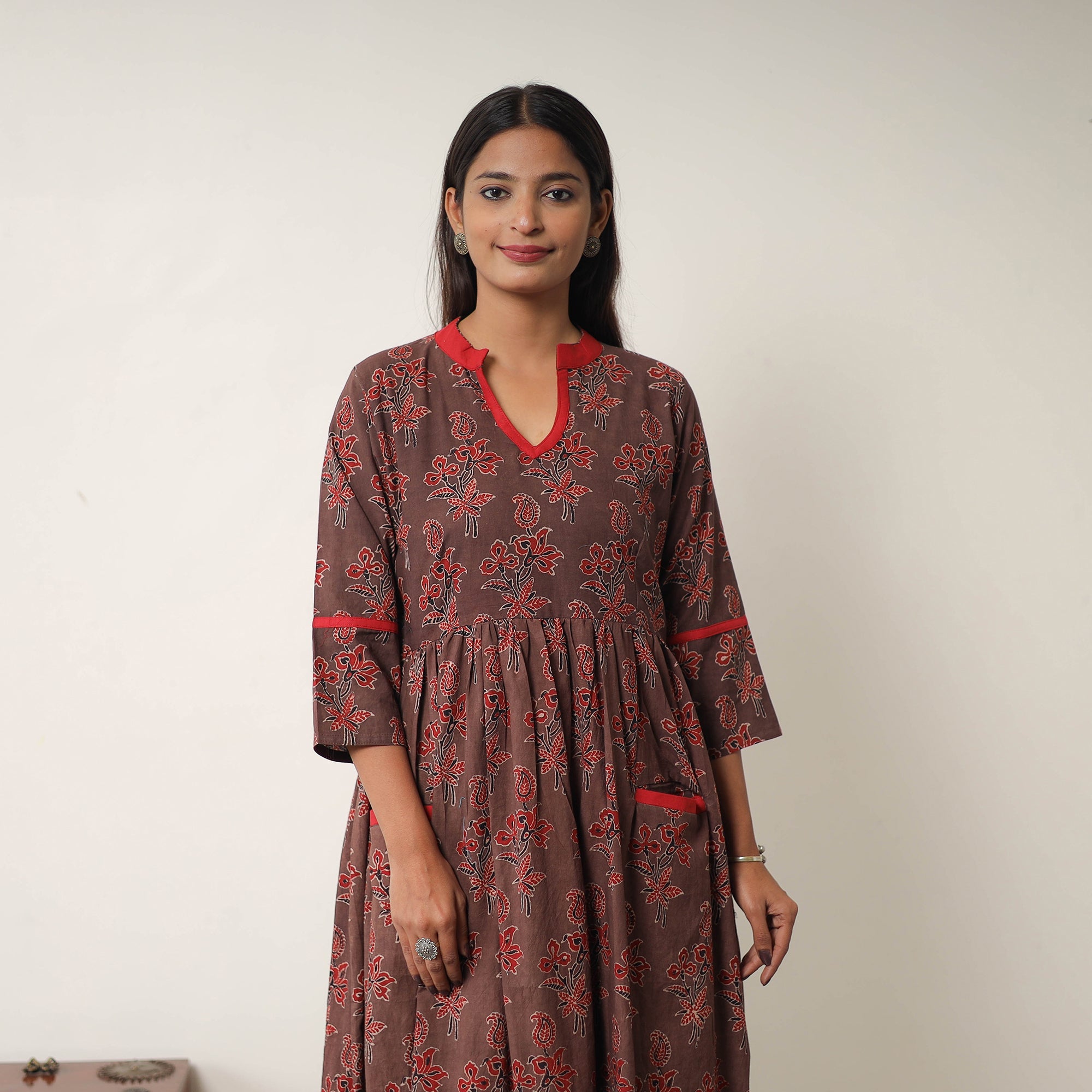 ITOKRI CASUALS Brown - Hand Block Print Cotton Flared Gher Ajrakh Dress 08