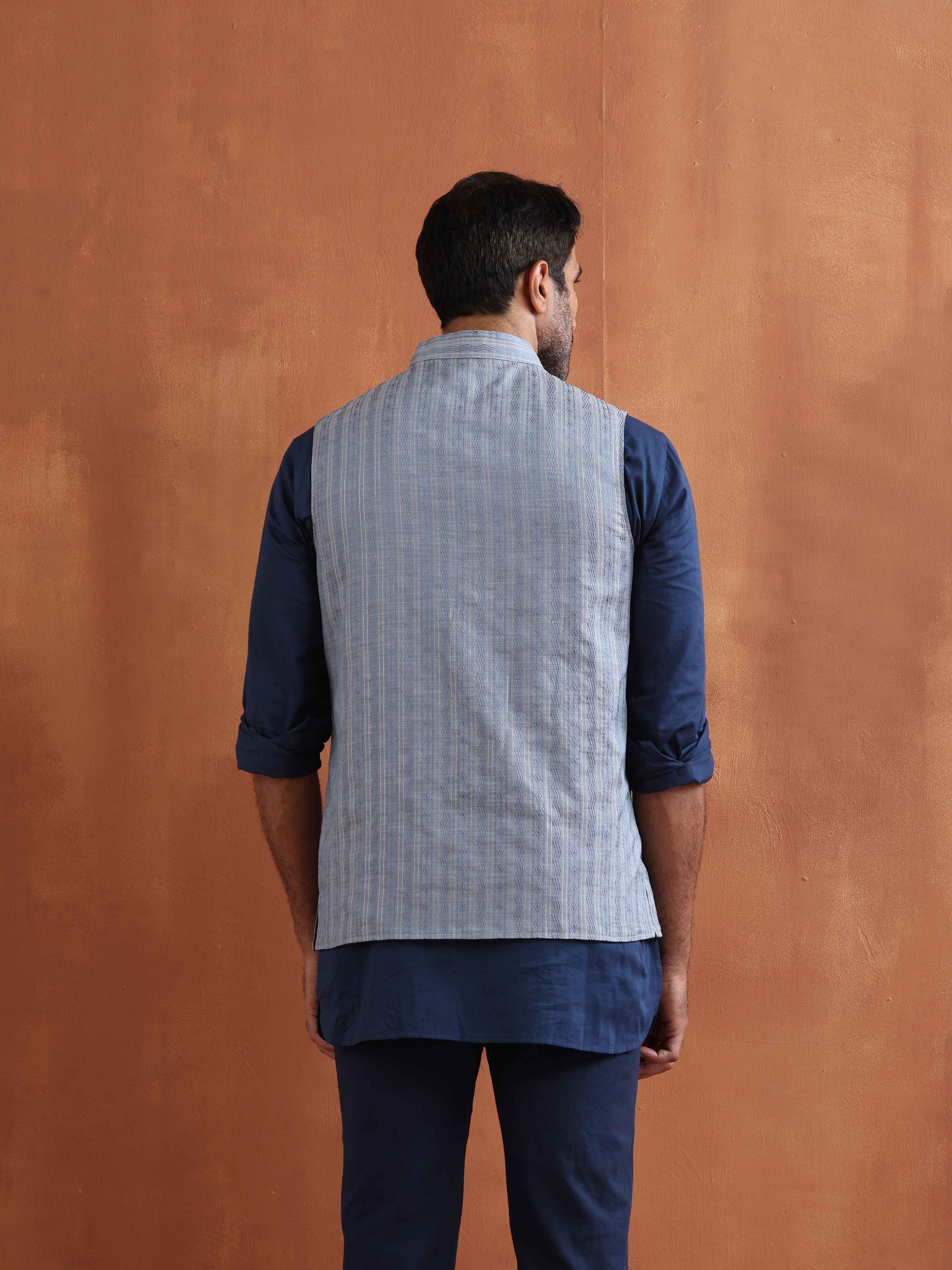 trueBrowns Men's Blue Chanderi Reversible Nehru Jacket - view 7