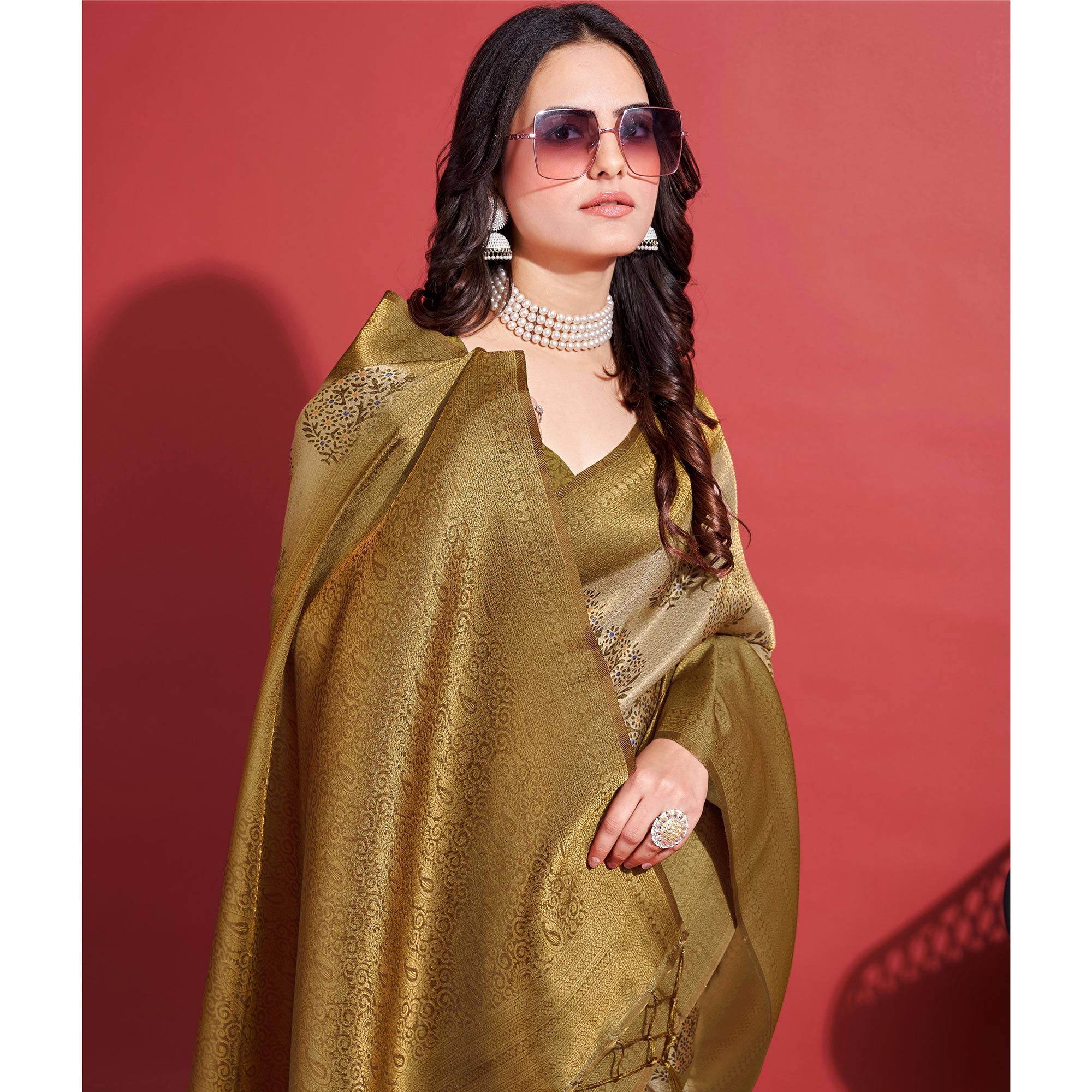 Peachmode Dark Mustard Floral Digital Printed With Woven Banarasi Silk Saree - view 7