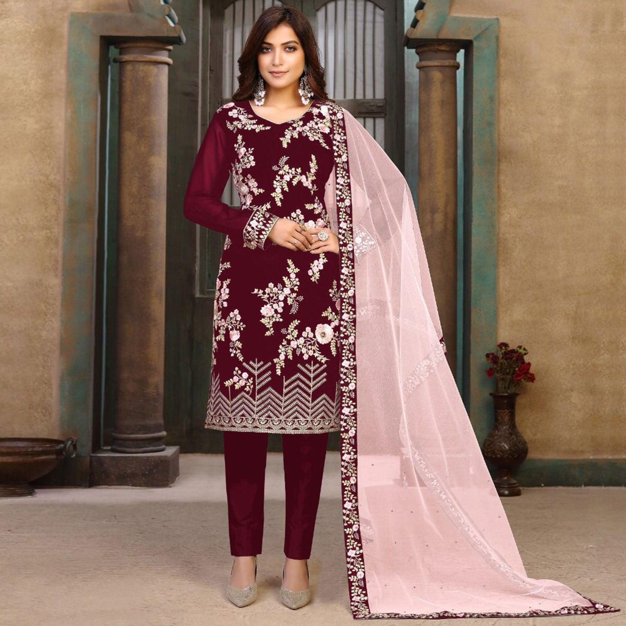 Peachmode Dark Maroon Partywear Embroidered Heavy Faux Georgette Salwar Suit