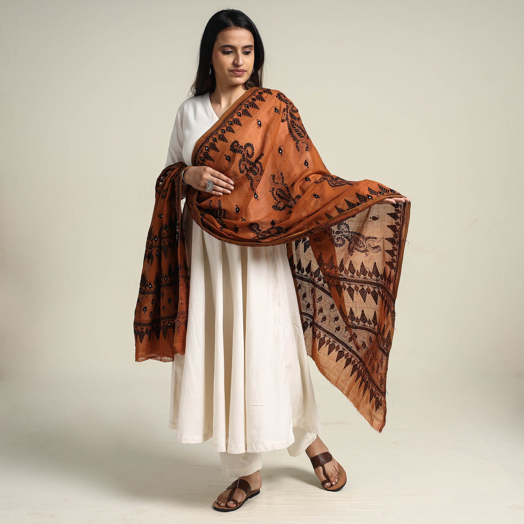 KHUSHBASH - HAPPY LOOM OF EAST Brown - Bengal Kantha Embroidered Cotton Handloom Dupatta - view 2