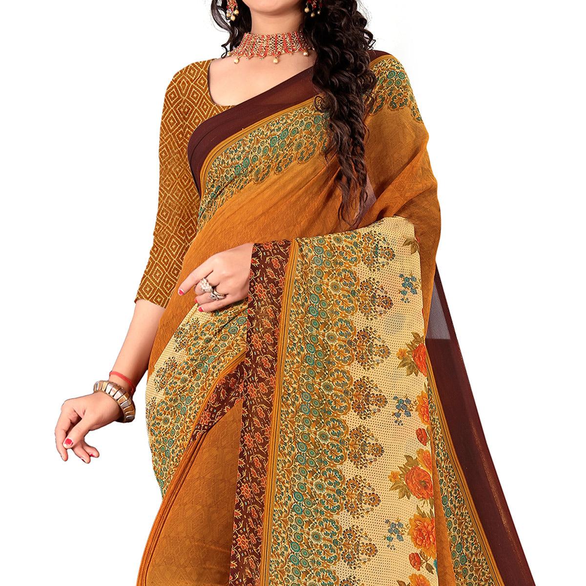 Peachmode Brown Casual Wear Floral Digital Printed Heavy Georgette Saree - view 2