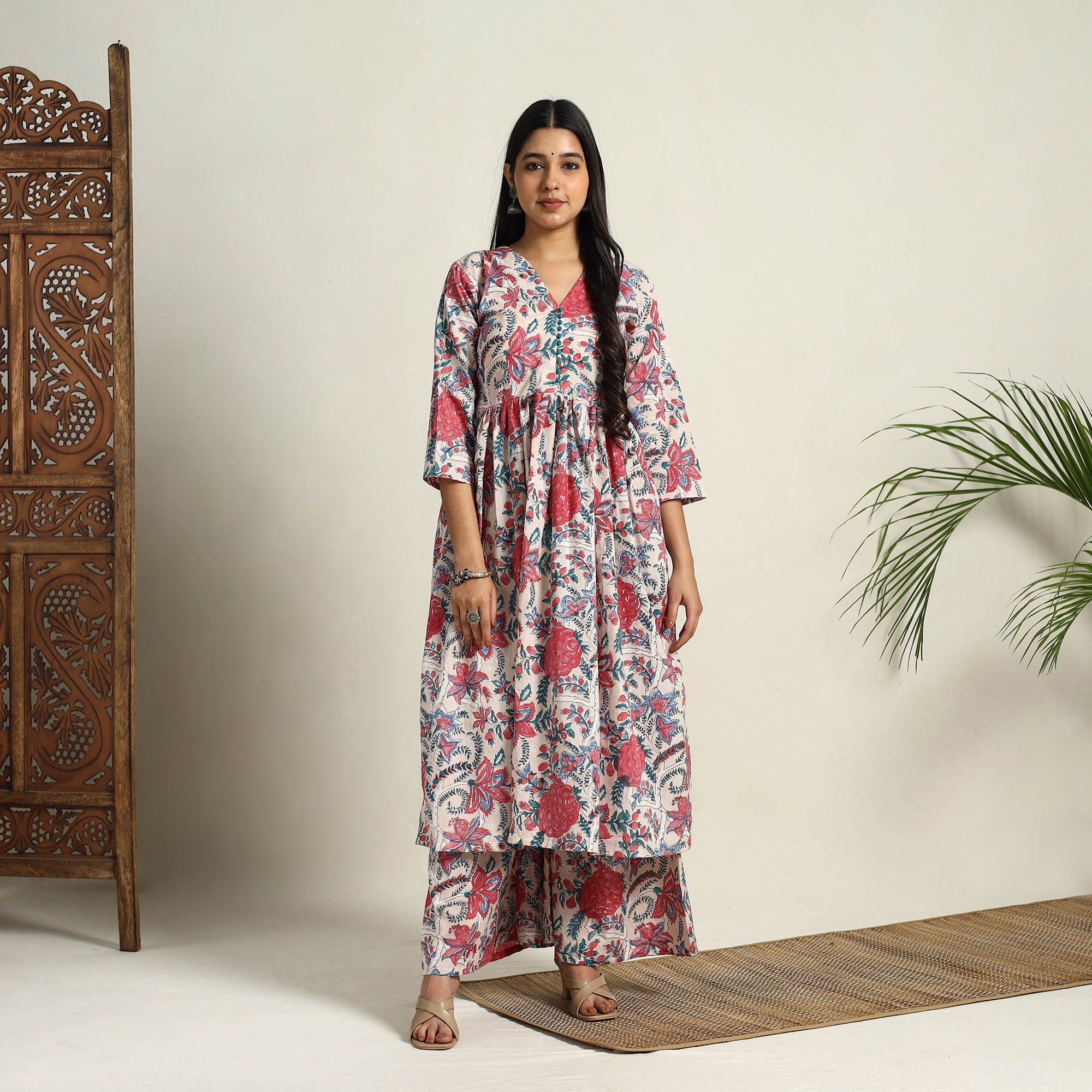 ITOKRI CASUALS Beige - Block Print Cotton Flared Sanganeri Kurta Set 05