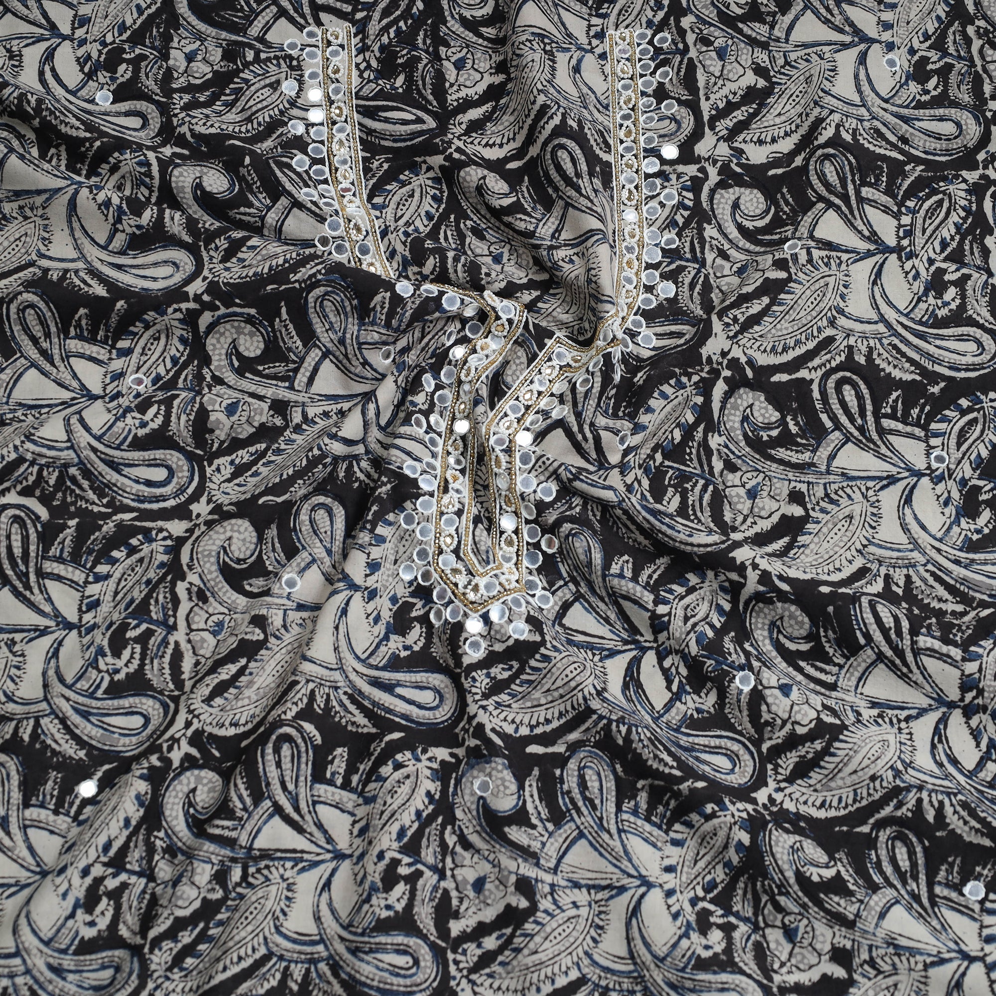 NOORI BAZAR Black - Bead Work Embroidery Kalamkari Block Printed Cotton Kurta Material - 2.5 meter - view 2