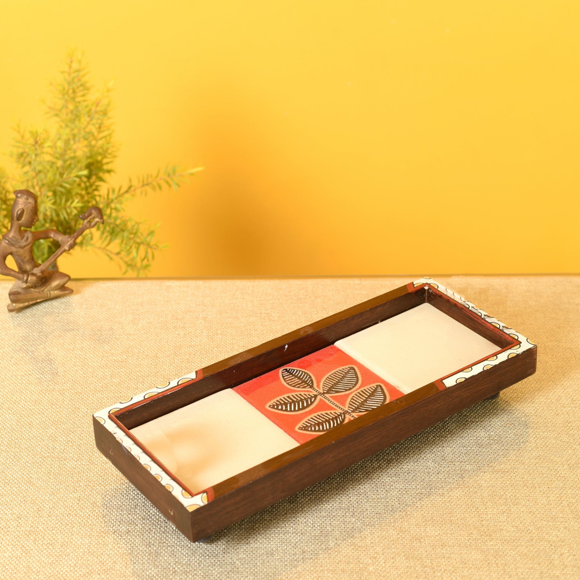 ART CREATIONS BY SUMAN SONTHALIA Beige - Mango Wood Handcrafted Raspberry Flora Rectangular Tray (12.5 x 5 in)