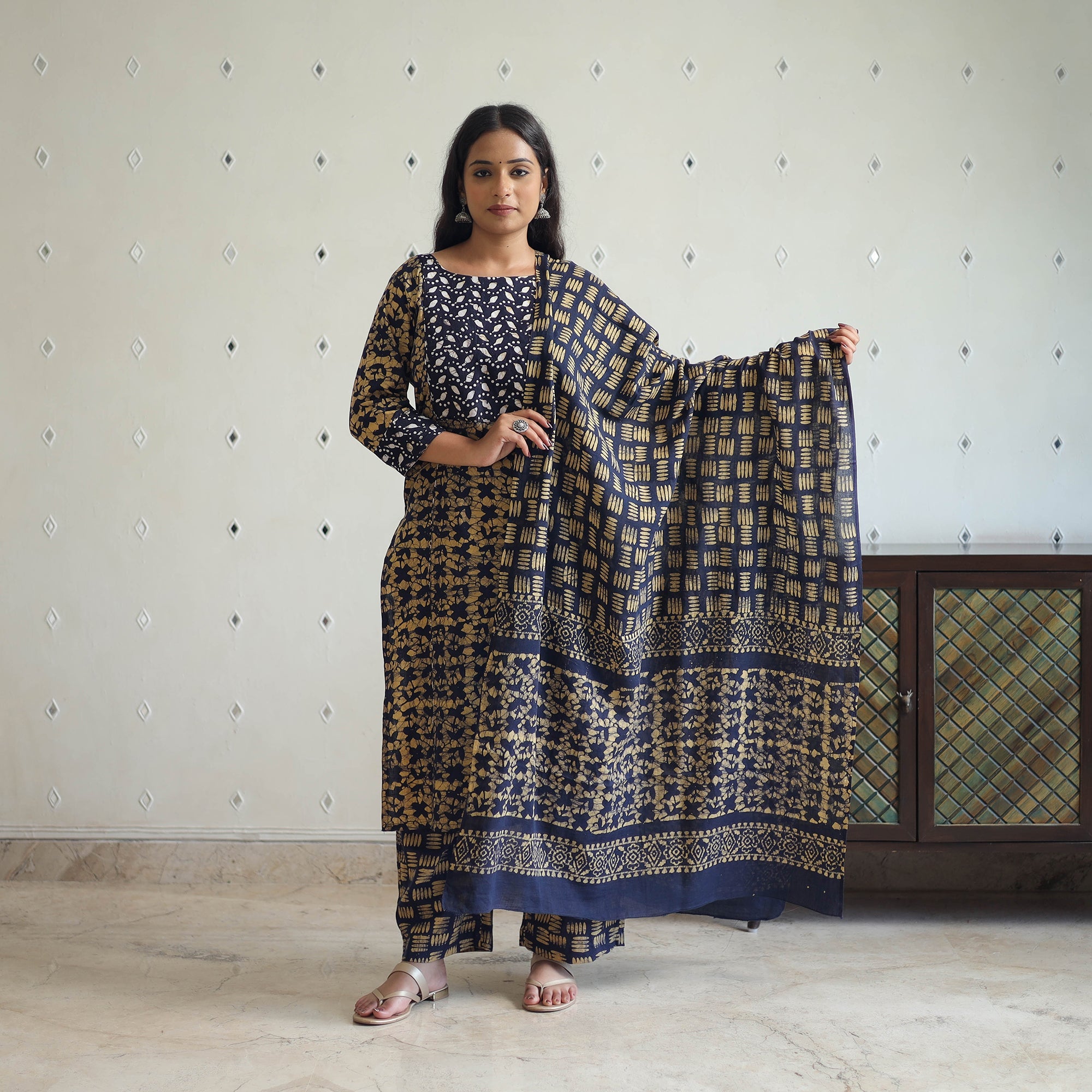 ITOKRI CASUALS Blue - Batik Print Cotton Kurta with Palazzo & Dupatta Suit Set 03 - view 3