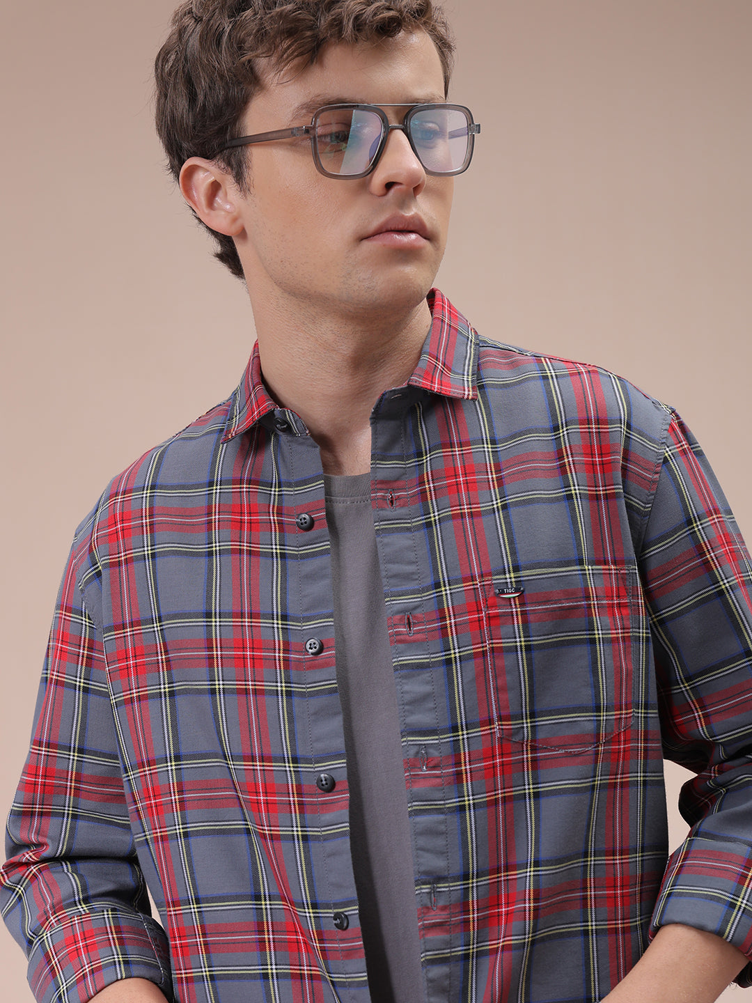 The Indian Garage Co Men's Grey Slim Fit Checked Shirt