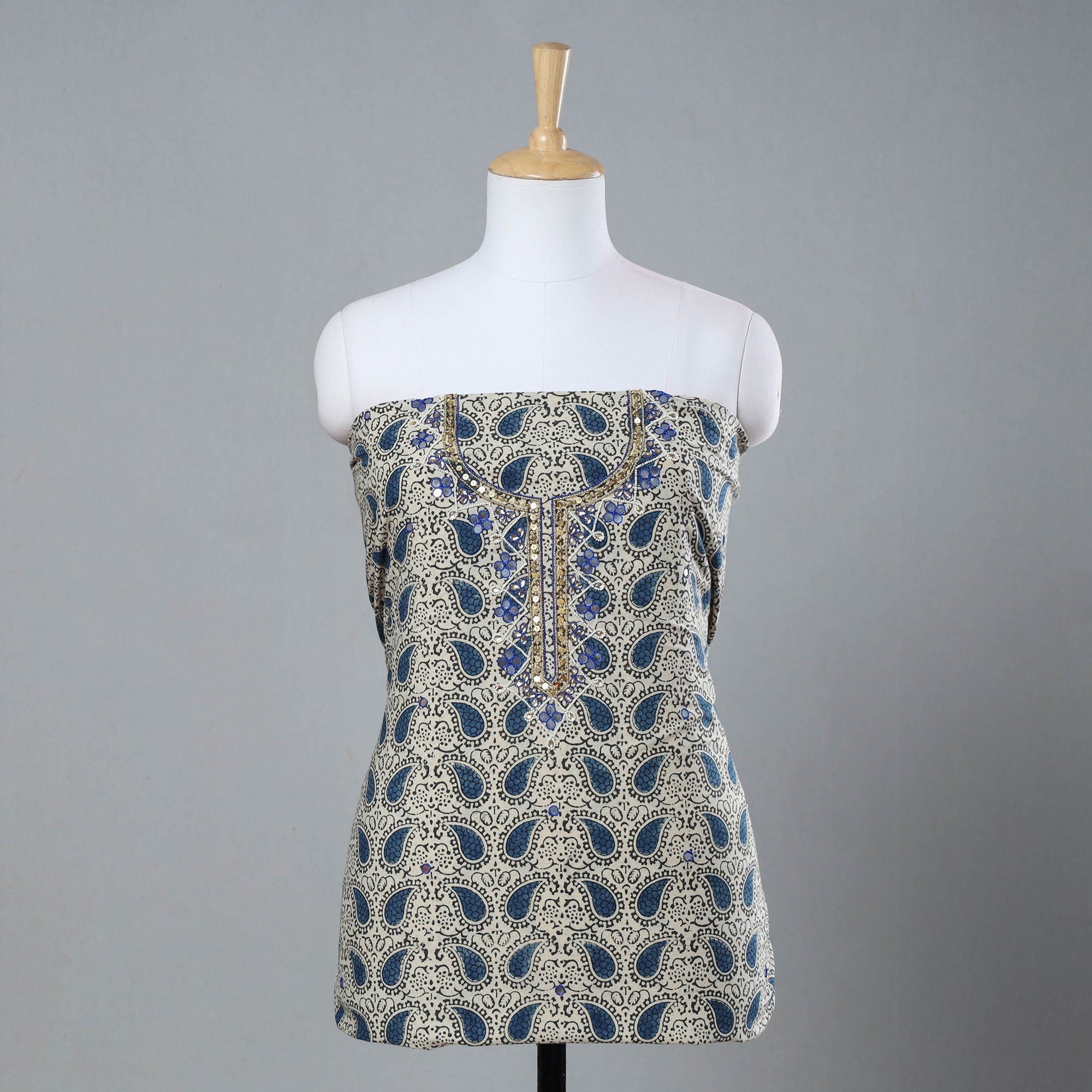 NOORI BAZAR Beige - Bead Work Embroidery Kalamkari Block Printed Cotton Kurta Material - 2.6 meter