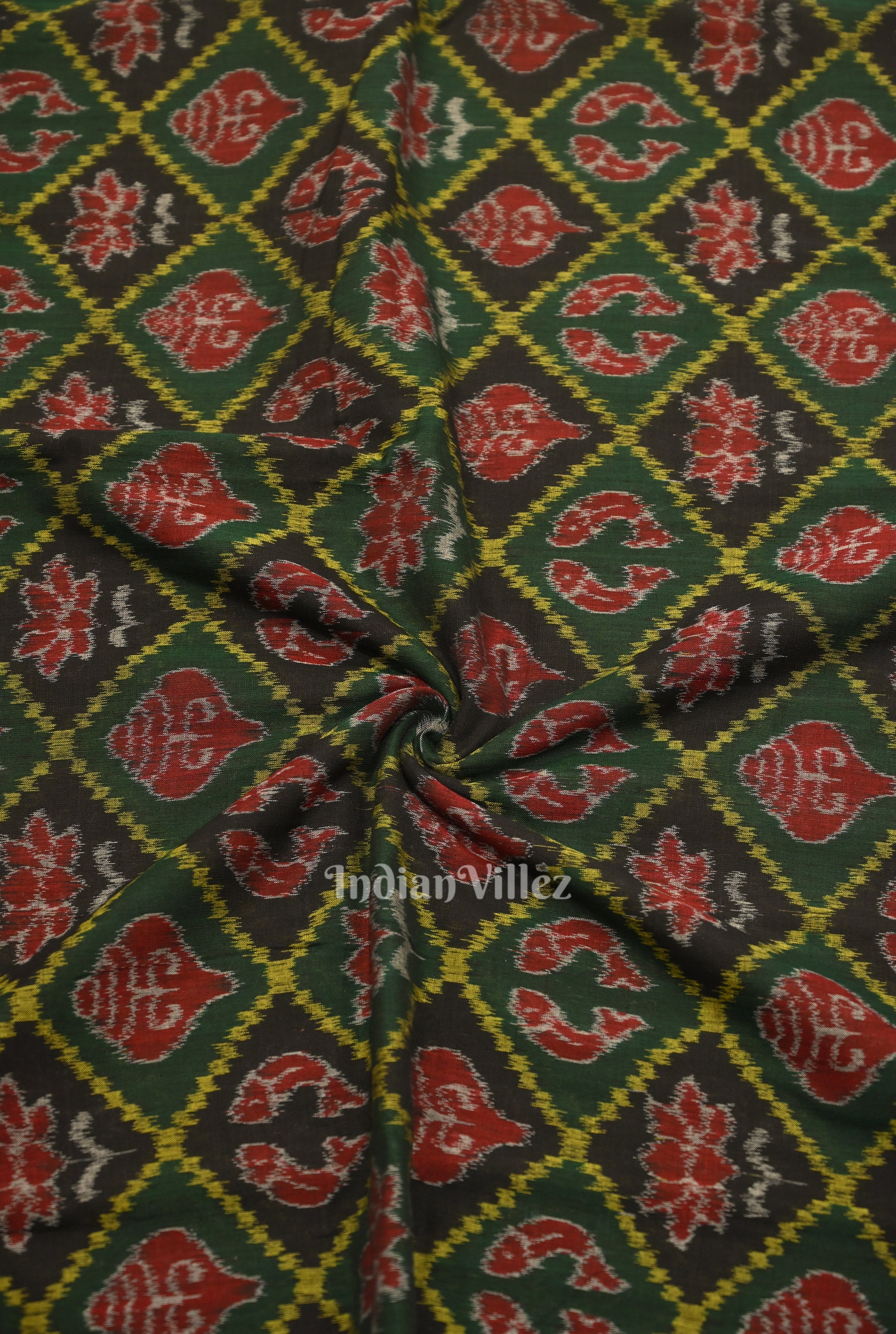 IndianVillèz Green Black Diagonally Nabakothi Sambalpuri Ikat Cotton Fabric