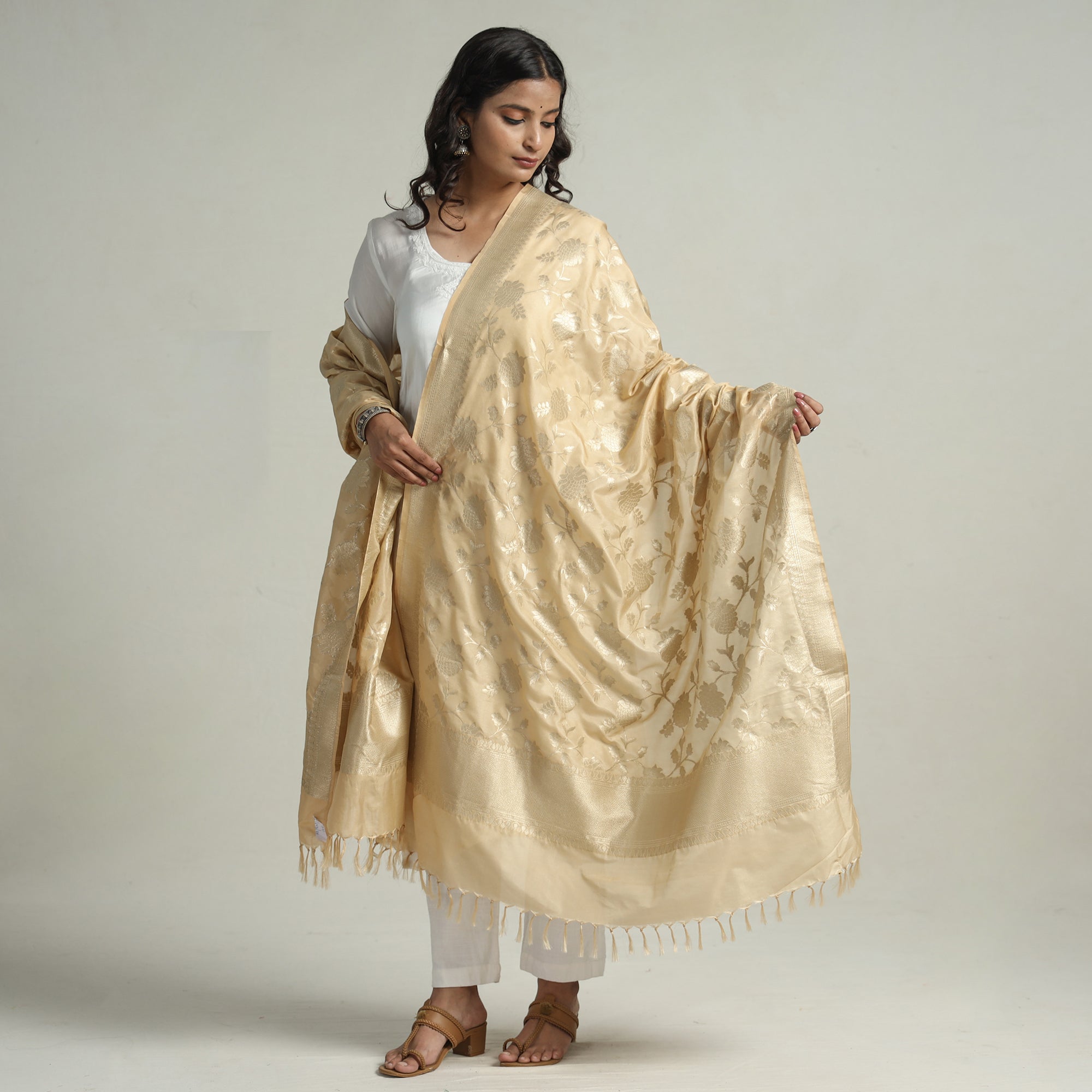 BANARASI BY MAQBUL HASAN Beige - Banarasi Semi Silk Zari Jaal Dupatta with Tassels 77