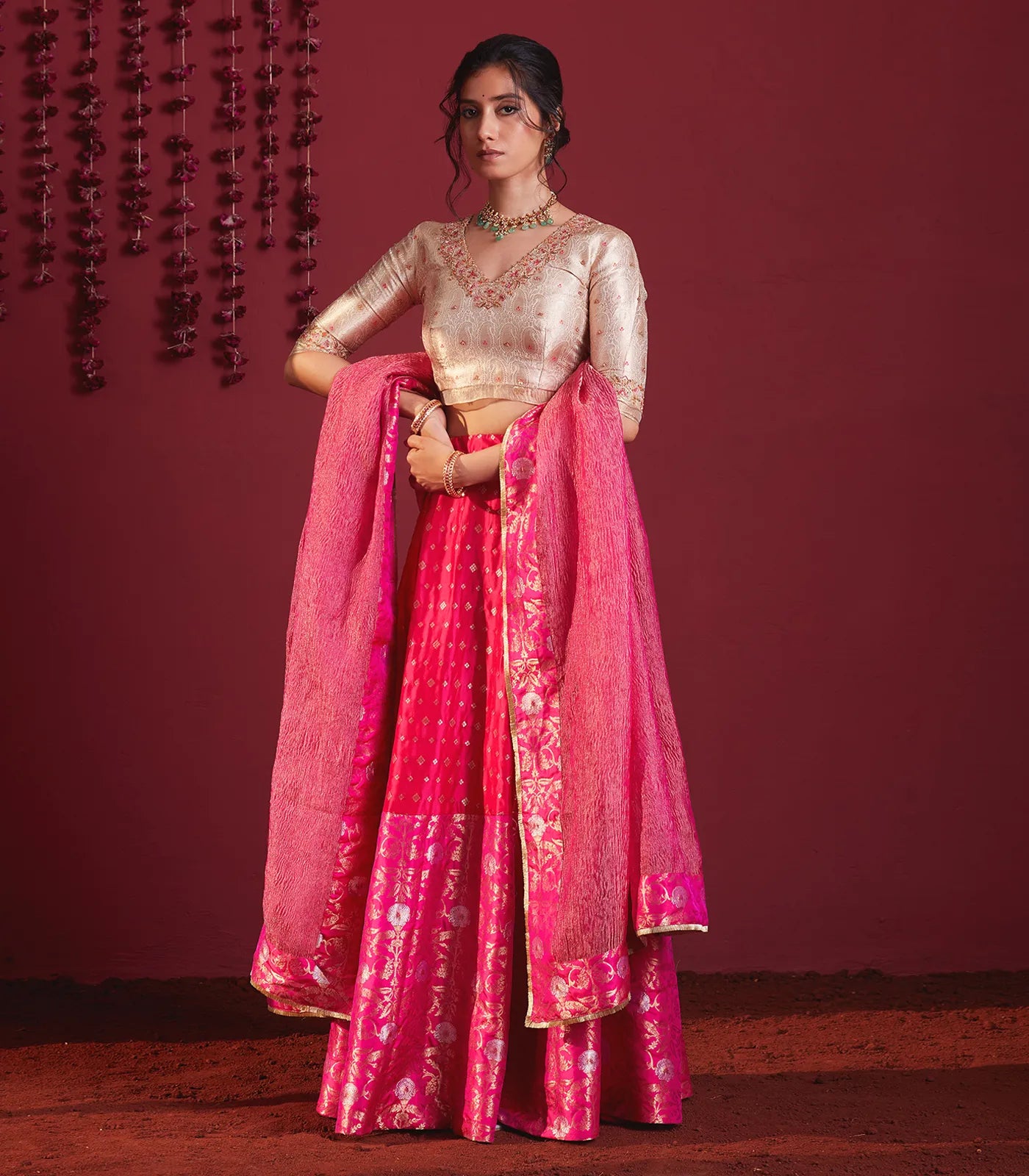 RmKV Ivory Gold And Fuschia Pink Embroidered Pure Silk Lehenga Set - Fuchsia