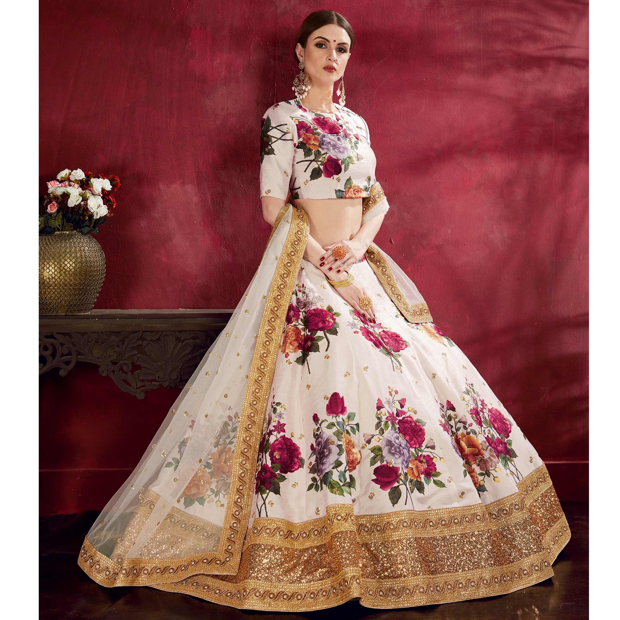 Peachmode Jazzy Off-White Colored Partywear Digital Printed-Embroidered Art Silk Lehenga Choli - view 2