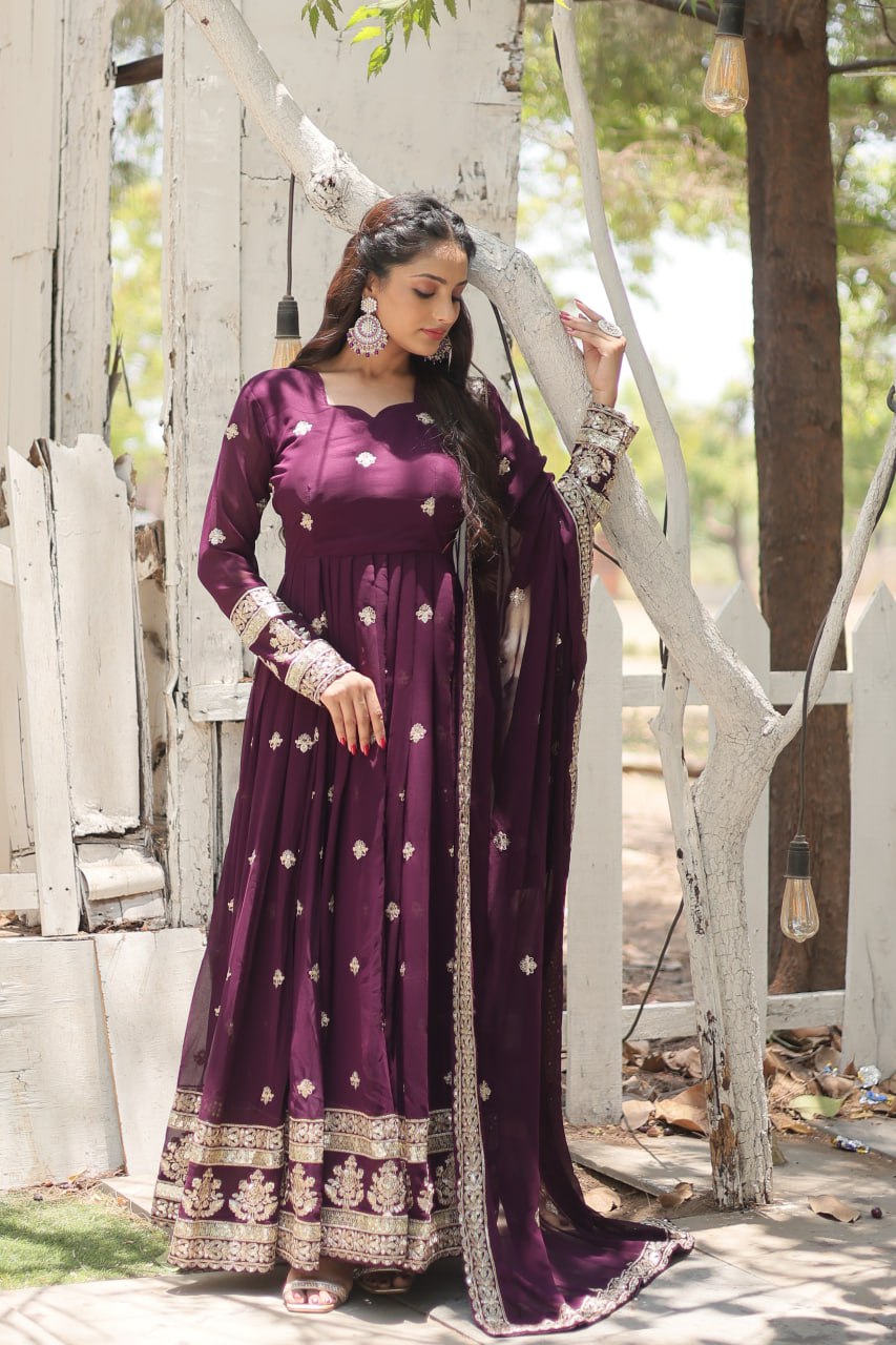 ClothsVilla Wine Faux Blooming Gown with Sequins Embroidery and Dupatta