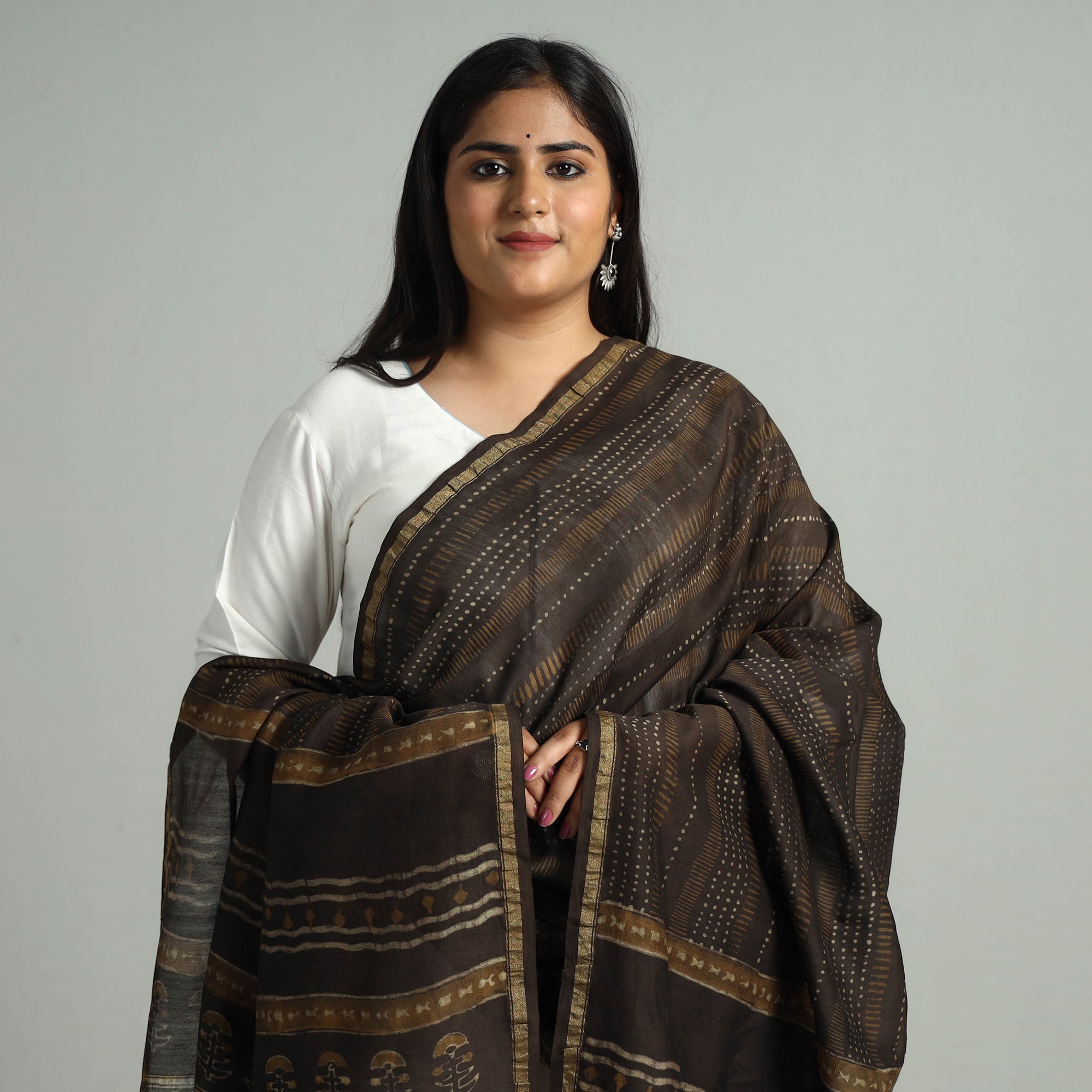 HAVELI CHRONICLES Brown - Akola Dabu Block Printed Handloom Chanderi Silk Dupatta with Zari Border 13 - view 3