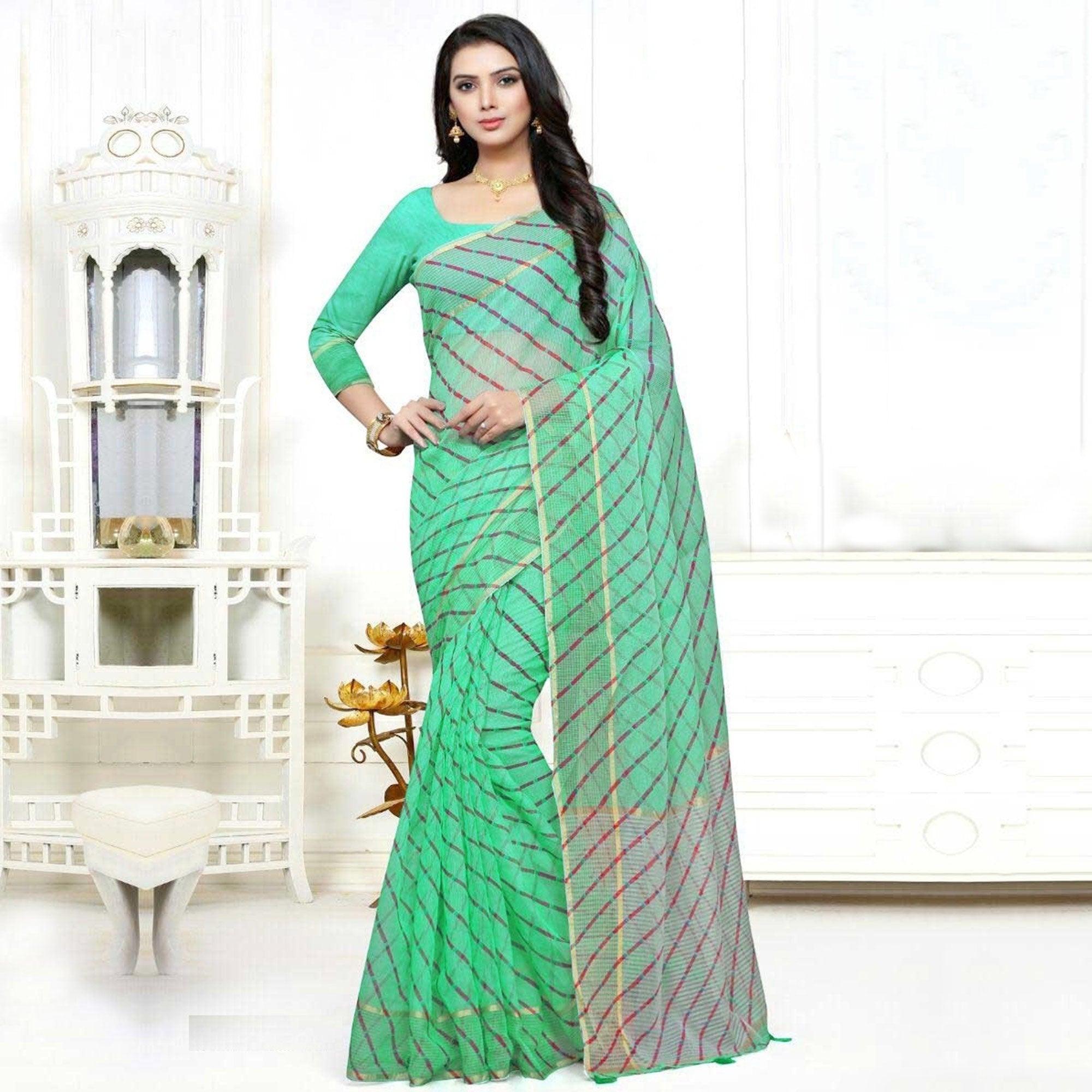 Peachmode Magnetic Blue Colored Casual Wear Stripe Printed Silk Saree With Tassels
