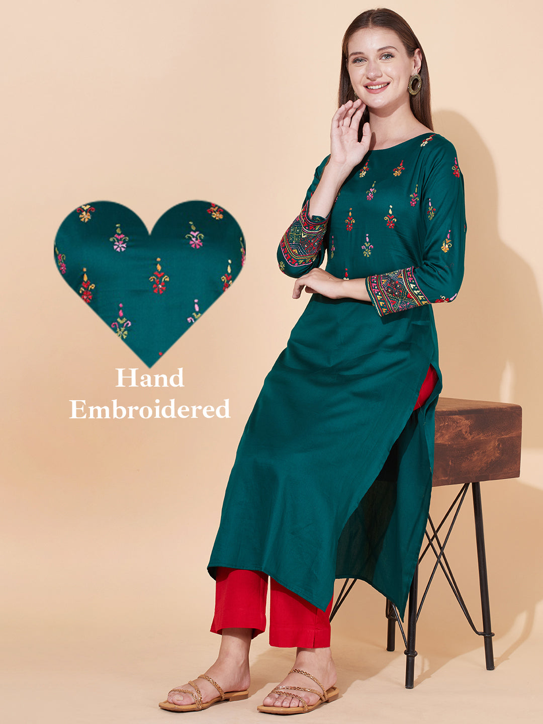 Fashor Ethnic Hand Embroidered Straight Fit Kurta - Dark Green