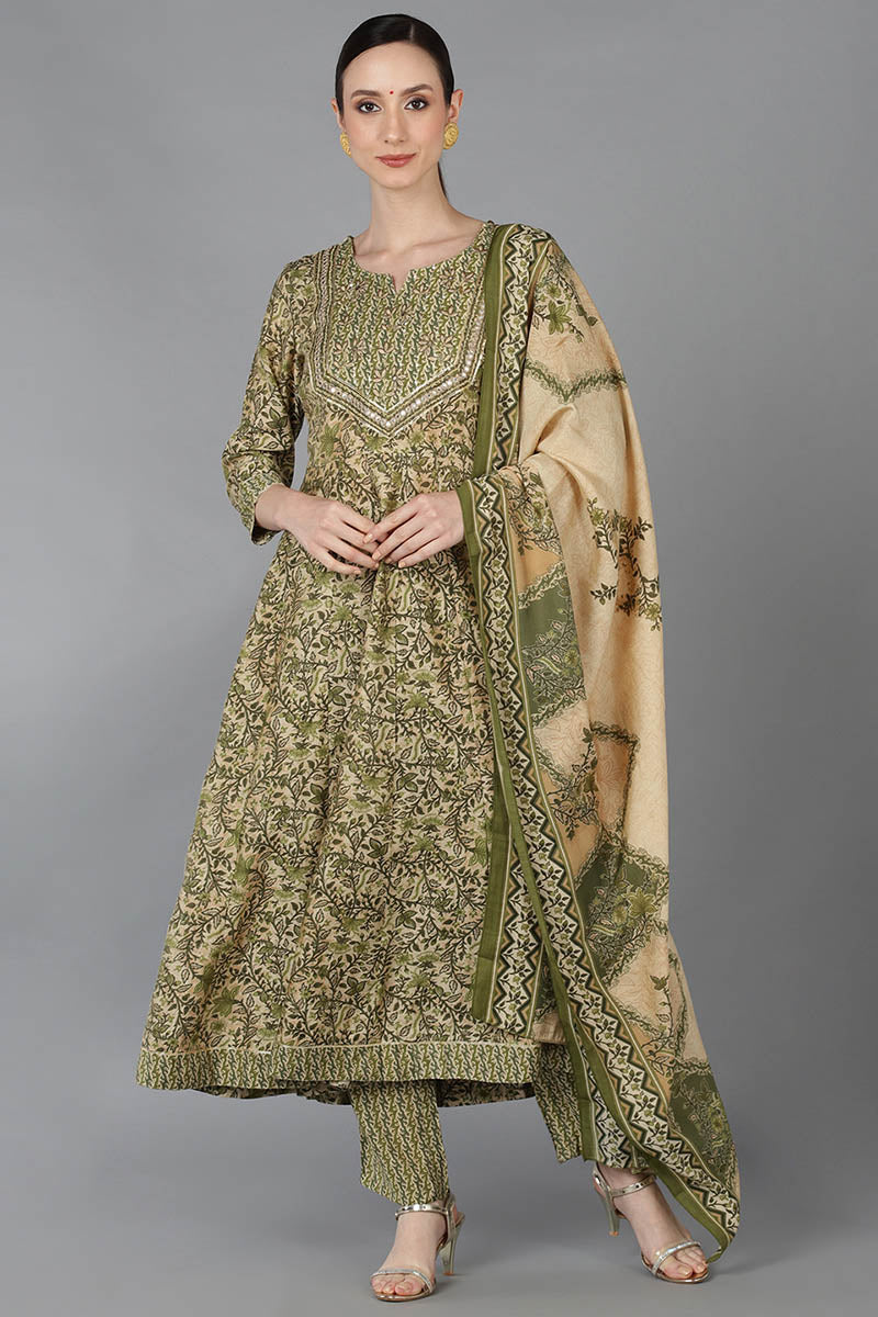 Ahika Beige Silk Blend Ethnic Motifs Anarkali Kurta Trousers With Dupatta VKSKD1664