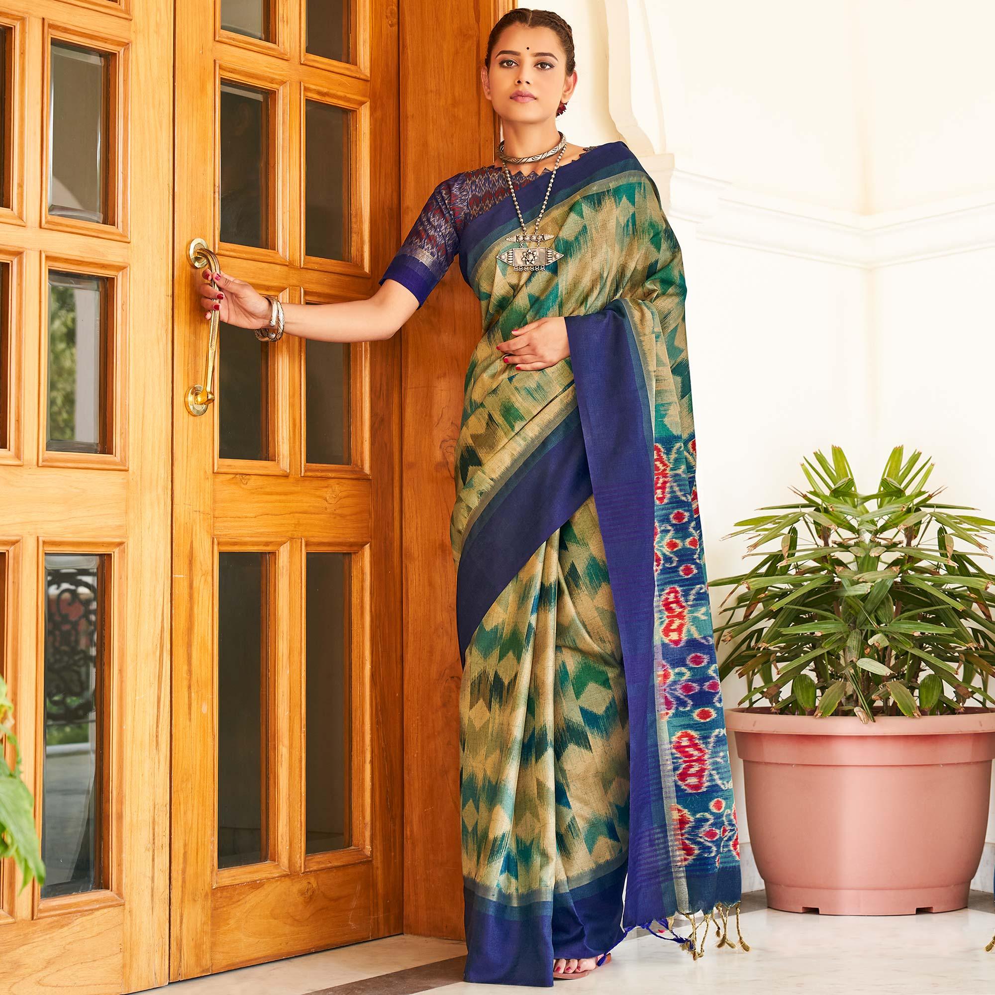 Peachmode Elegant Beige & Green Coloured Partywear Woven Silk Saree