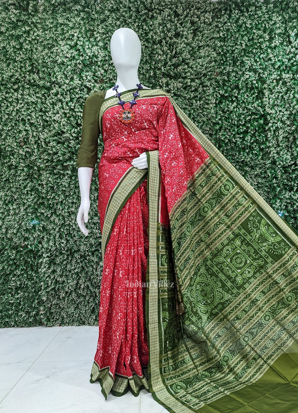 IndianVillèz Cherry Red With Mehendi Tribal Theme Sambalpuri Silk Saree