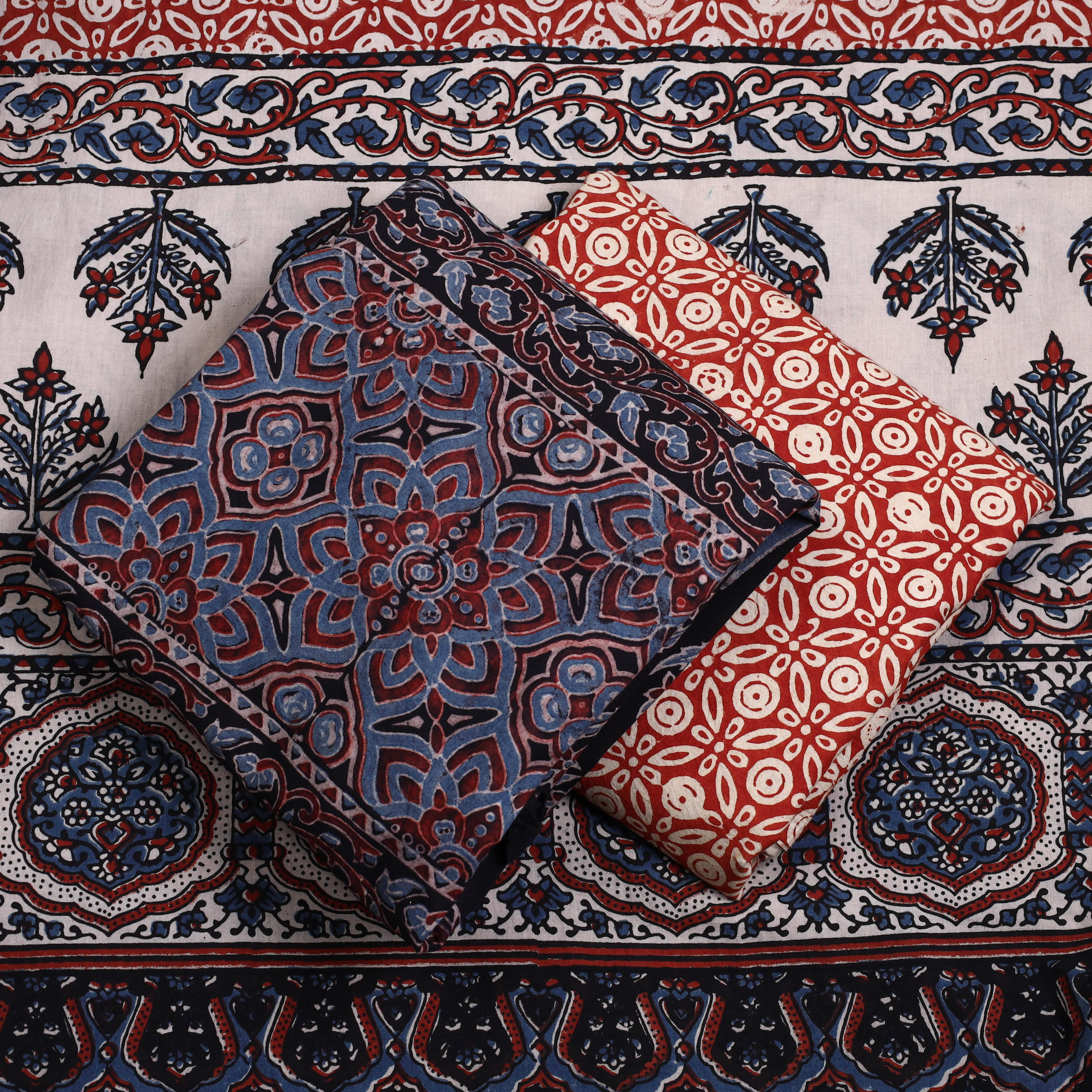 AJRAKH BY JABBAR KHATRI Black - 3pc Ajrakh Block Printed Natural Dyed Cotton Suit Material Set 15 - view 2