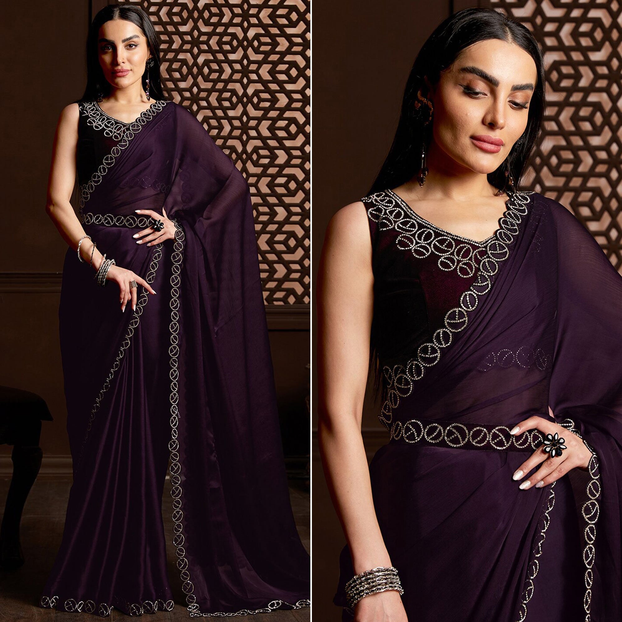 Peachmode Dark Purple Stone Work Chiffon Saree