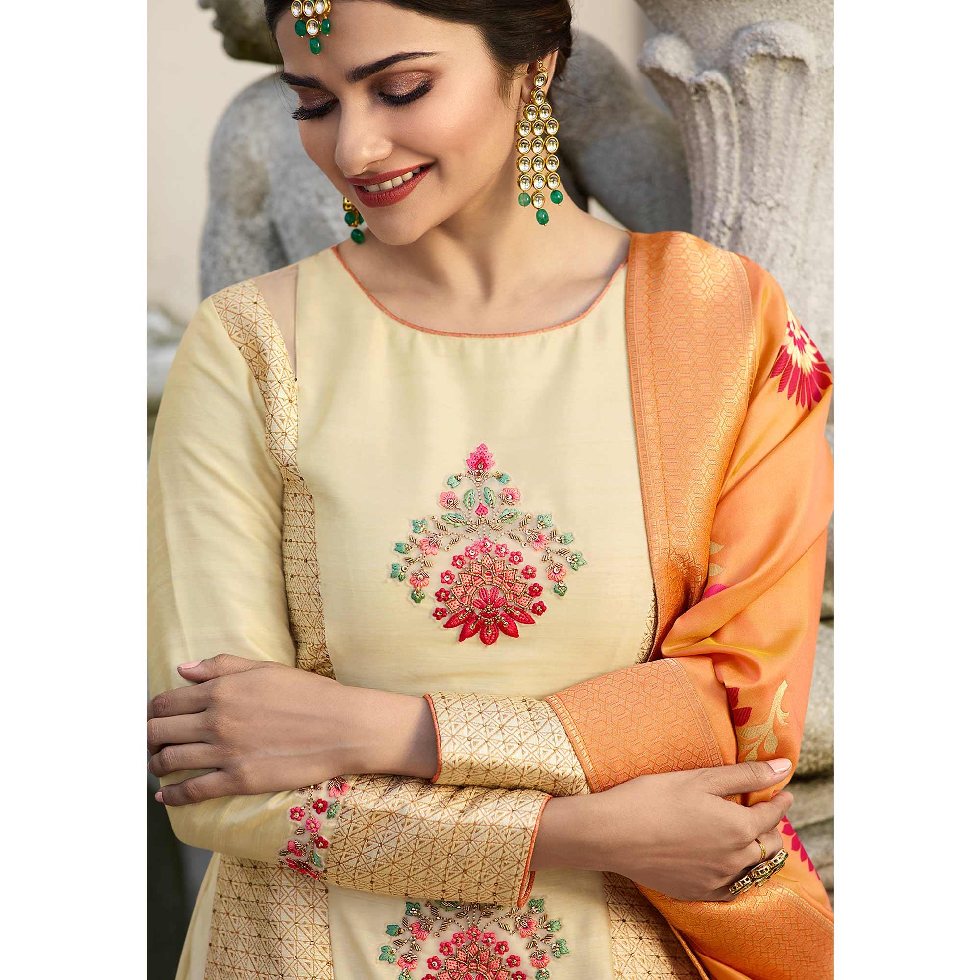 Peachmode Seller Cream Embroidered With Embellished Art Silk Lehenga Kameez With Dupatta - view 3