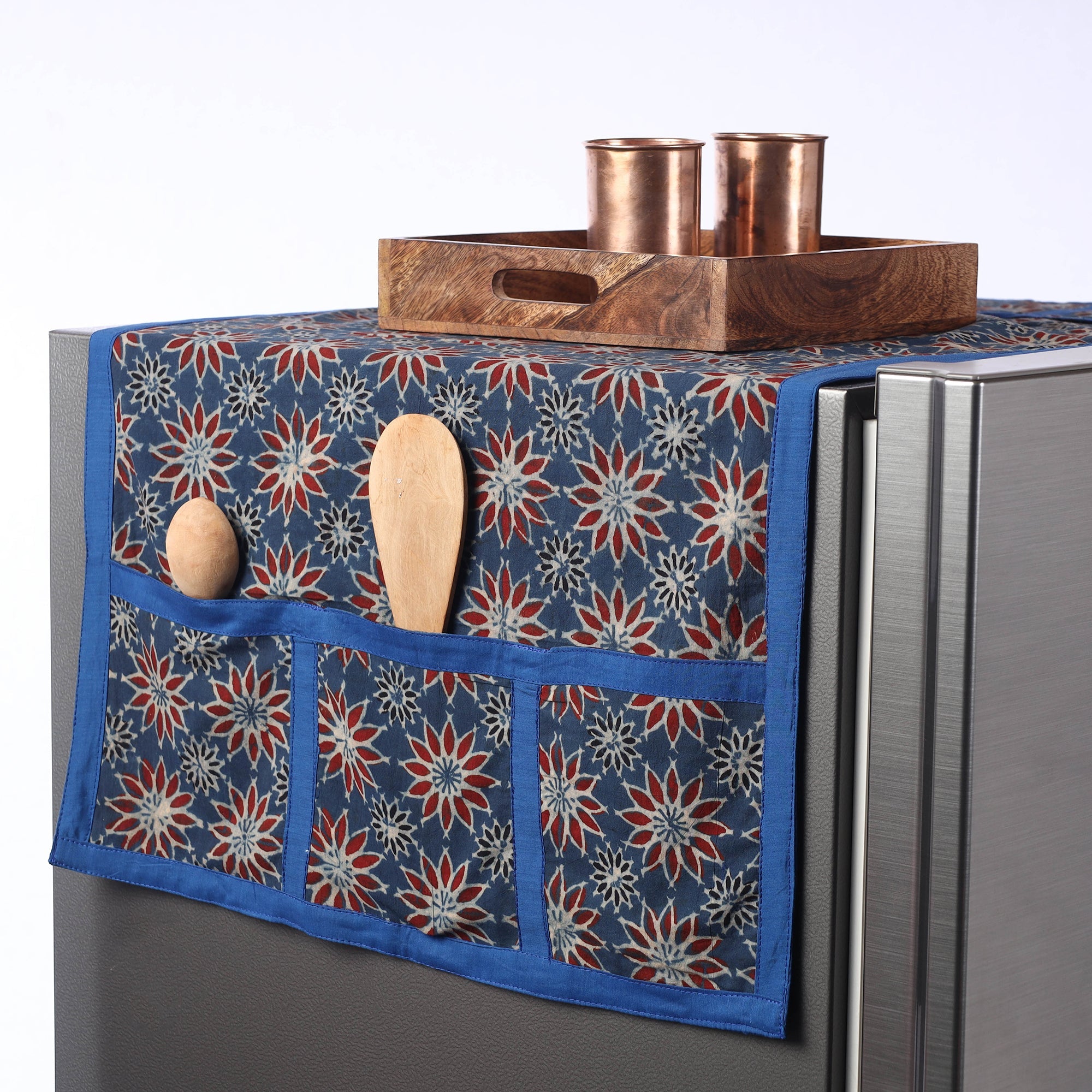 JALPARI Blue - Ajrakh Block Printed Cotton Fridge Top Cover with Multiple Pockets