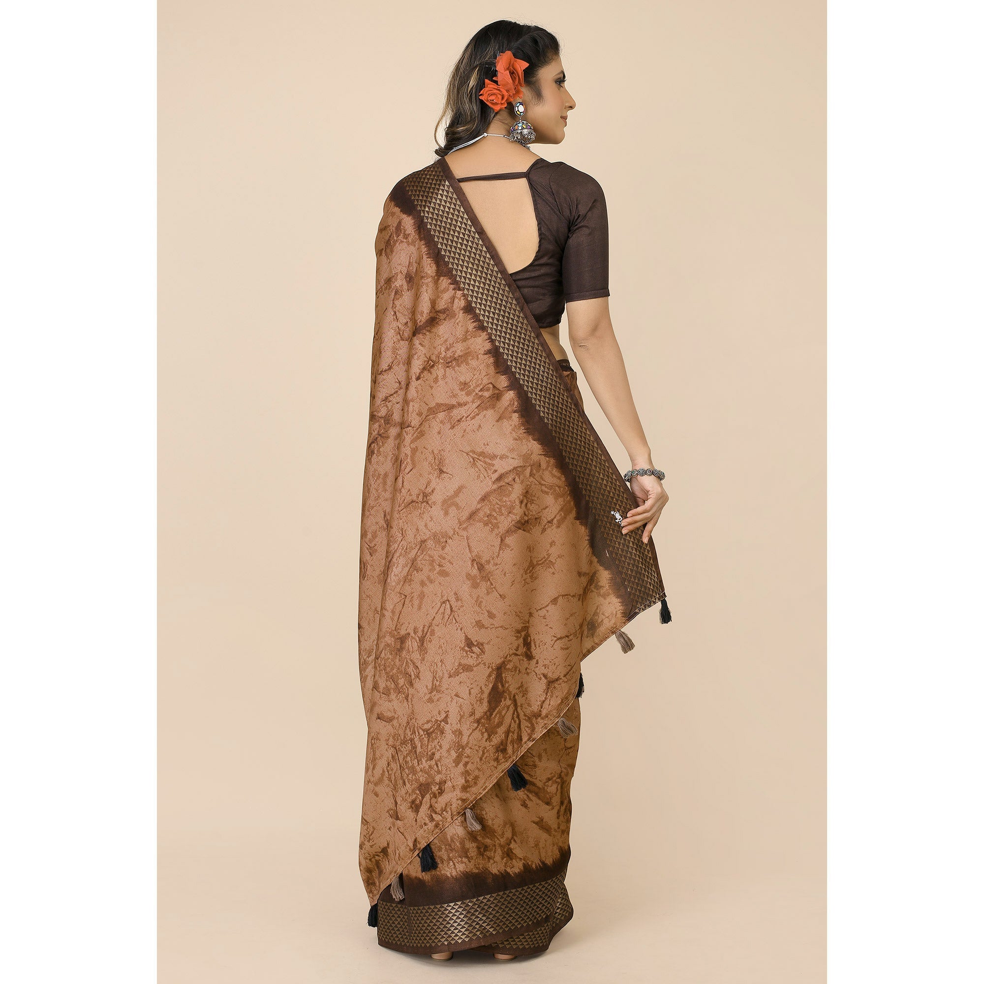 Peachmode Coffee Brown Printed Cotton Silk Saree With Zari Border - view 6
