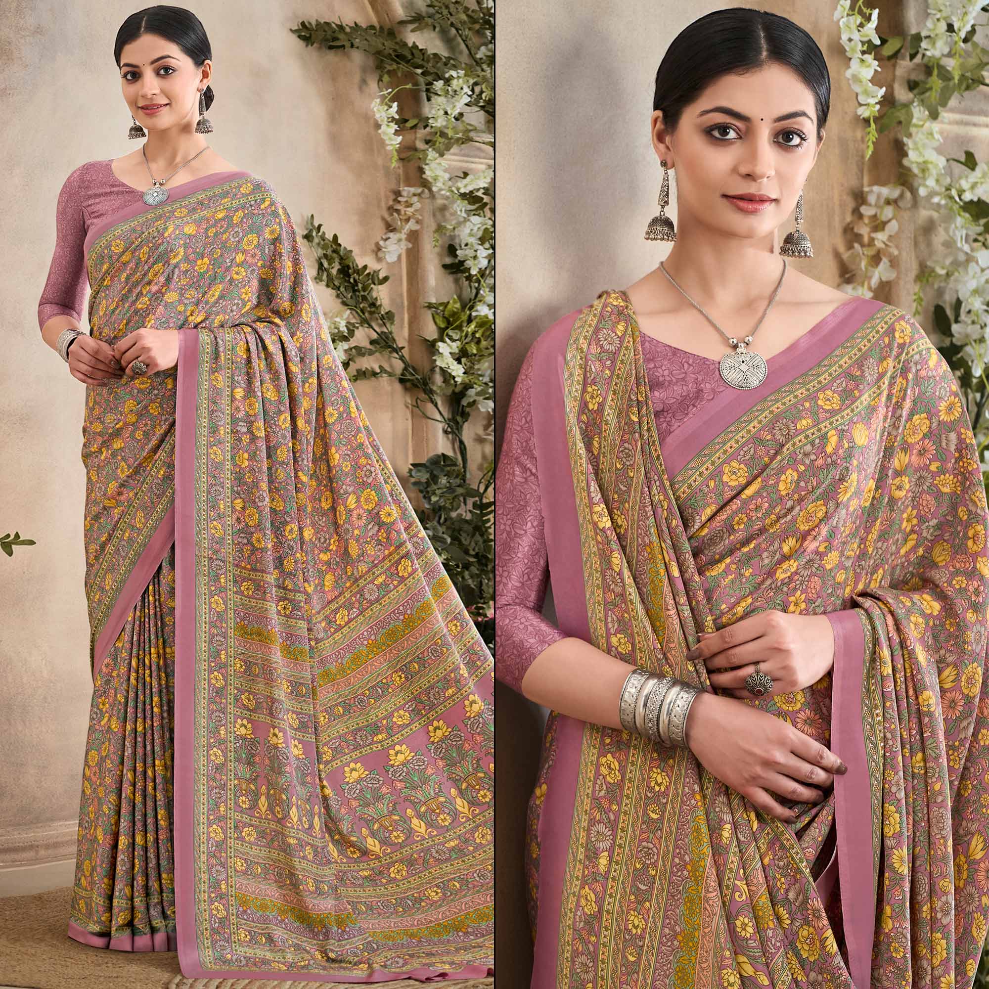 Peachmode Mauve Crepe Silk Floral Printed Saree