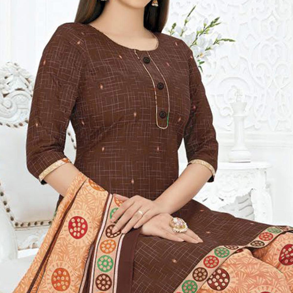 Peachmode Brown Printed Pure Cotton Stitched Patiala Suit - view 2