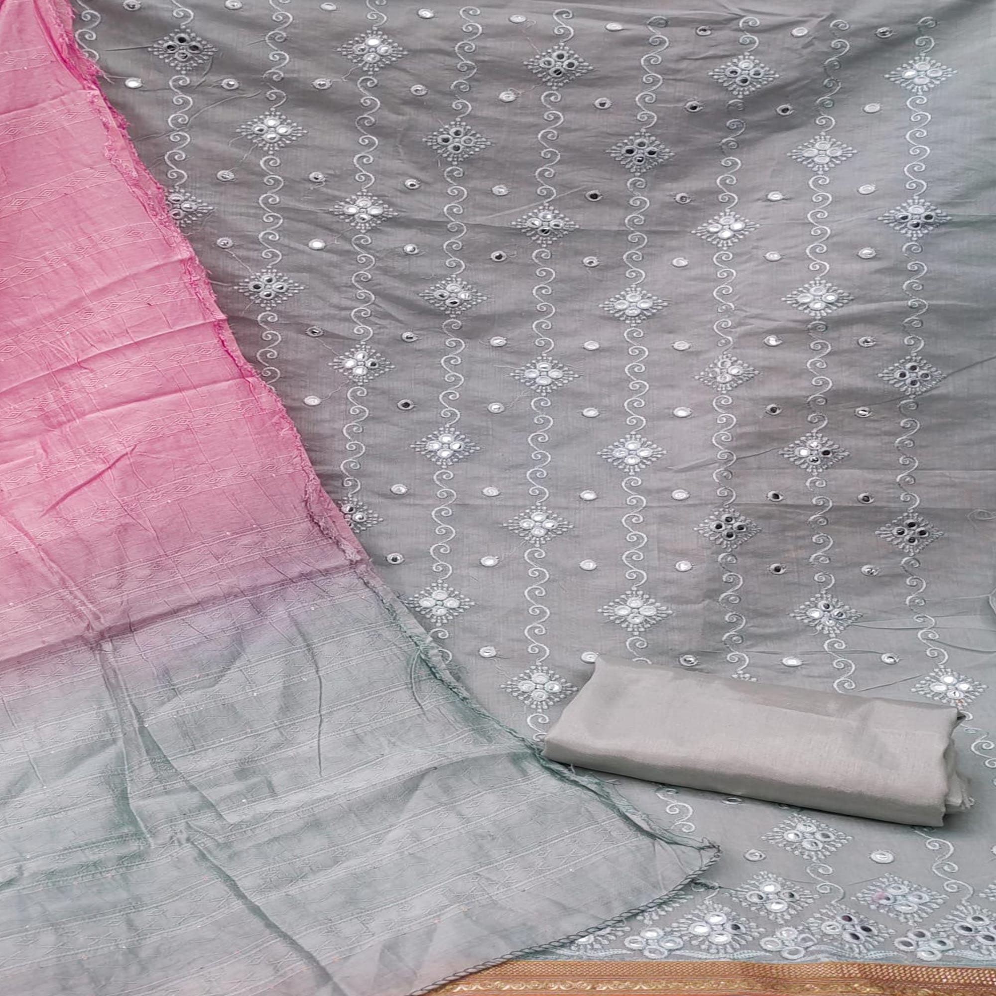 Peachmode Light Grey Casual Wear Embroidered Chanderi Dress Material - view 2