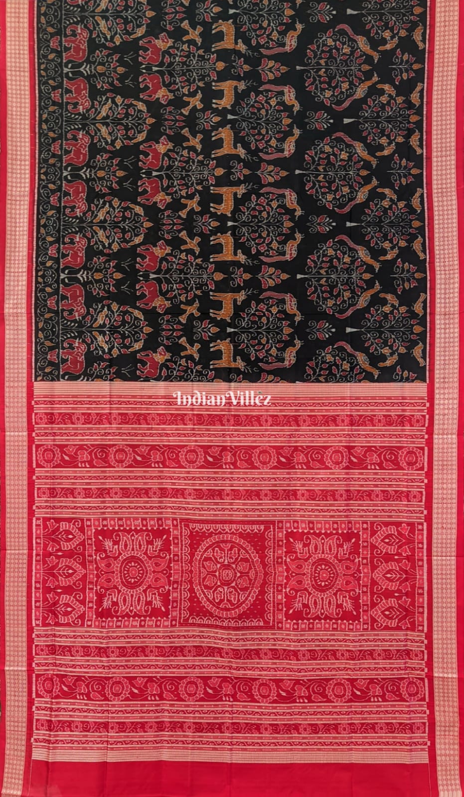 IndianVillèz Black Animal Theme Sambalpuri Ikat Silk Saree