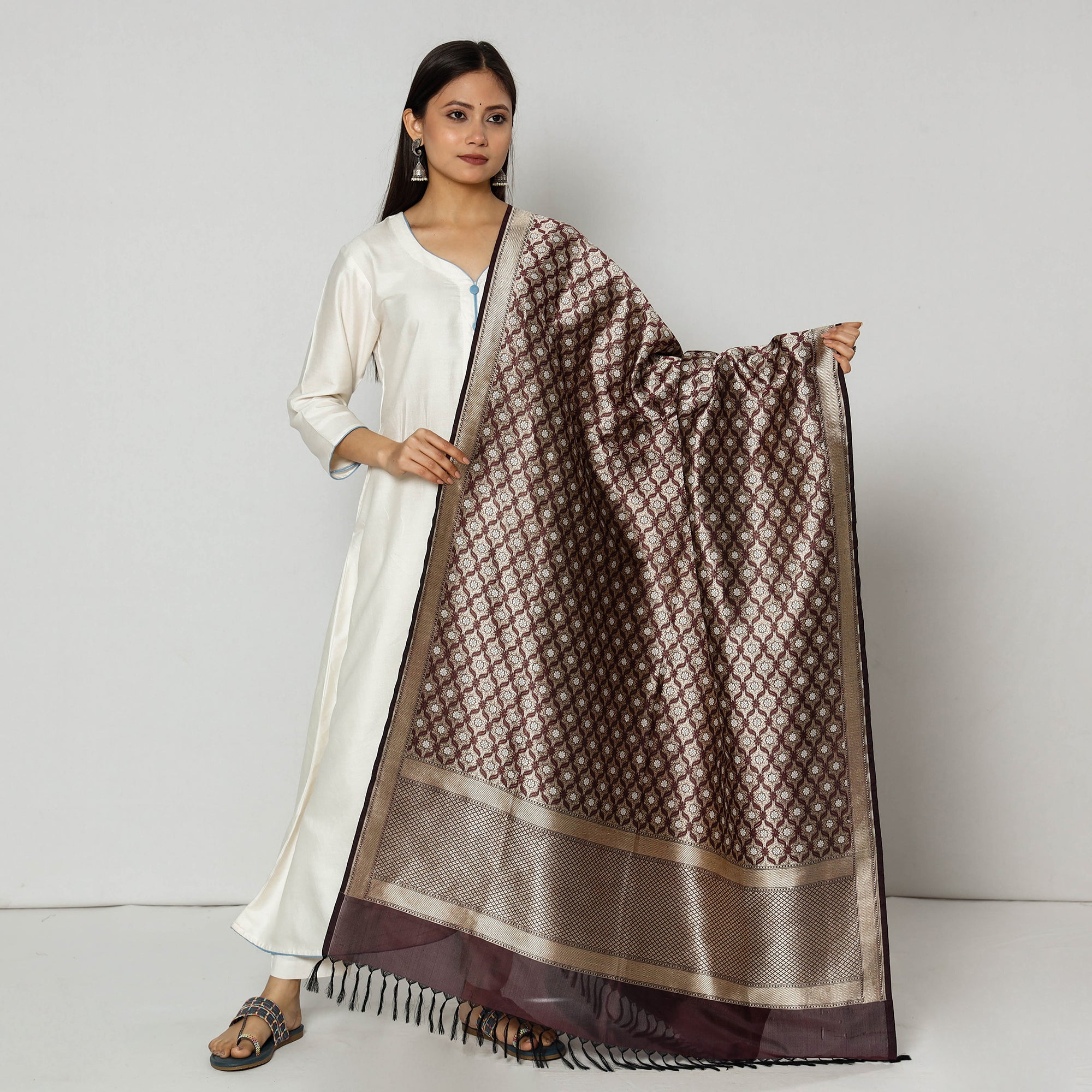BANARASI BY MAQBUL HASAN Brown - Banarasi Silk Handwoven Zari Buti Dupatta with Tassels - view 2