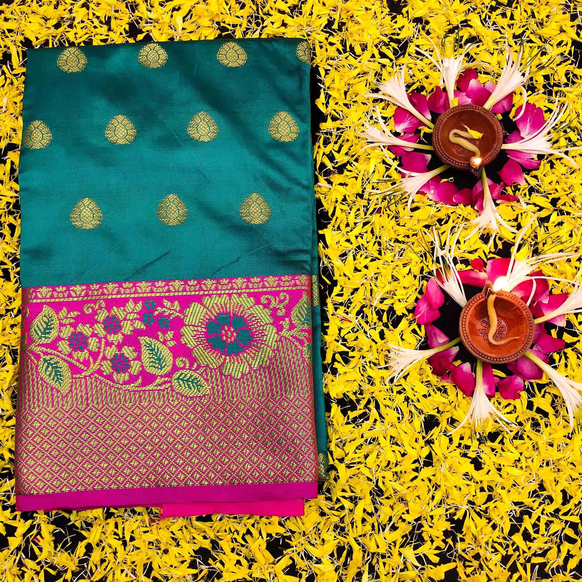 Peachmode Intricate Blue Colored Festive Wear Woven Kanjivaram Silk Saree - view 5