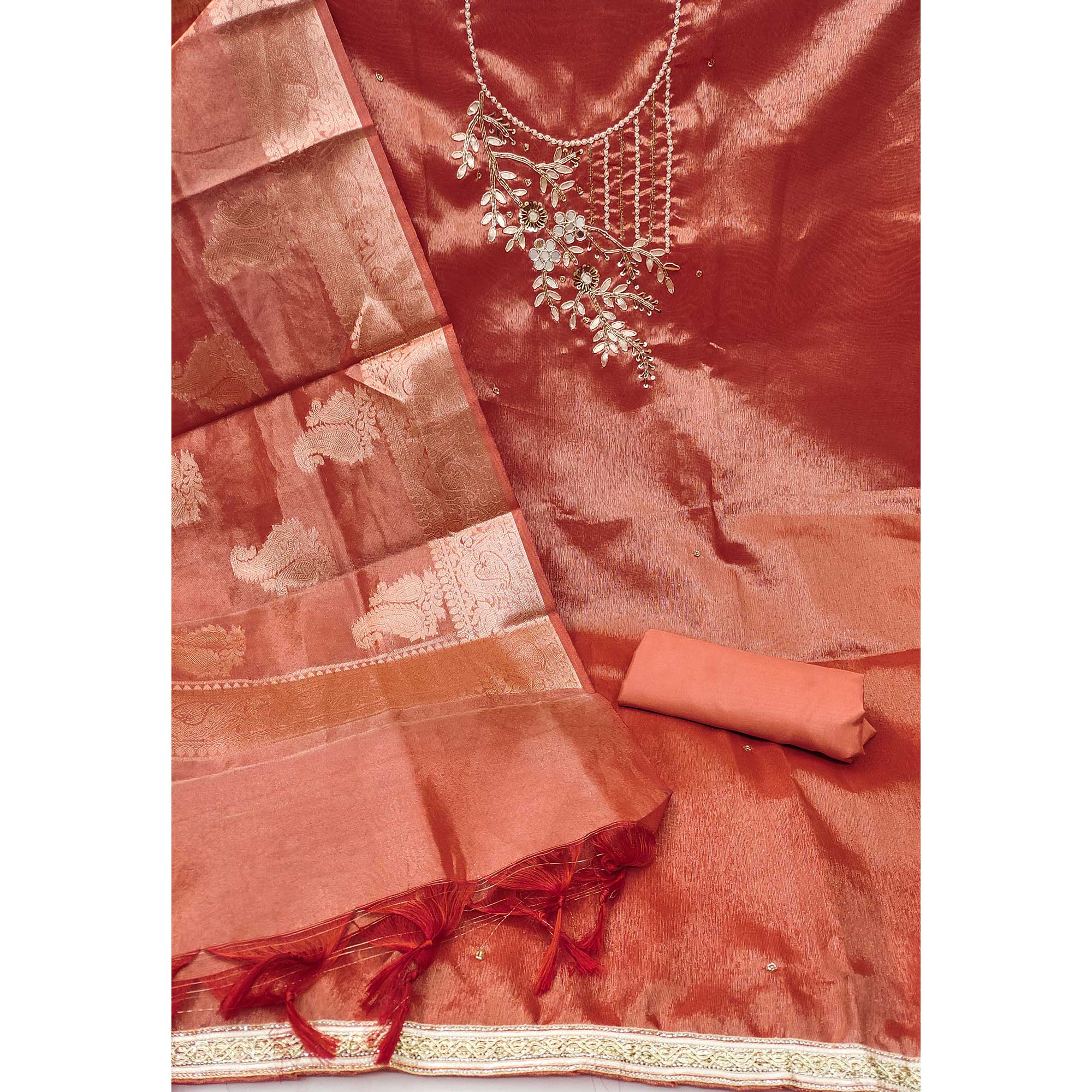 Peachmode Dark Peach Floral Moti With Gota Patti Handwork Viscose Dress Material - view 4