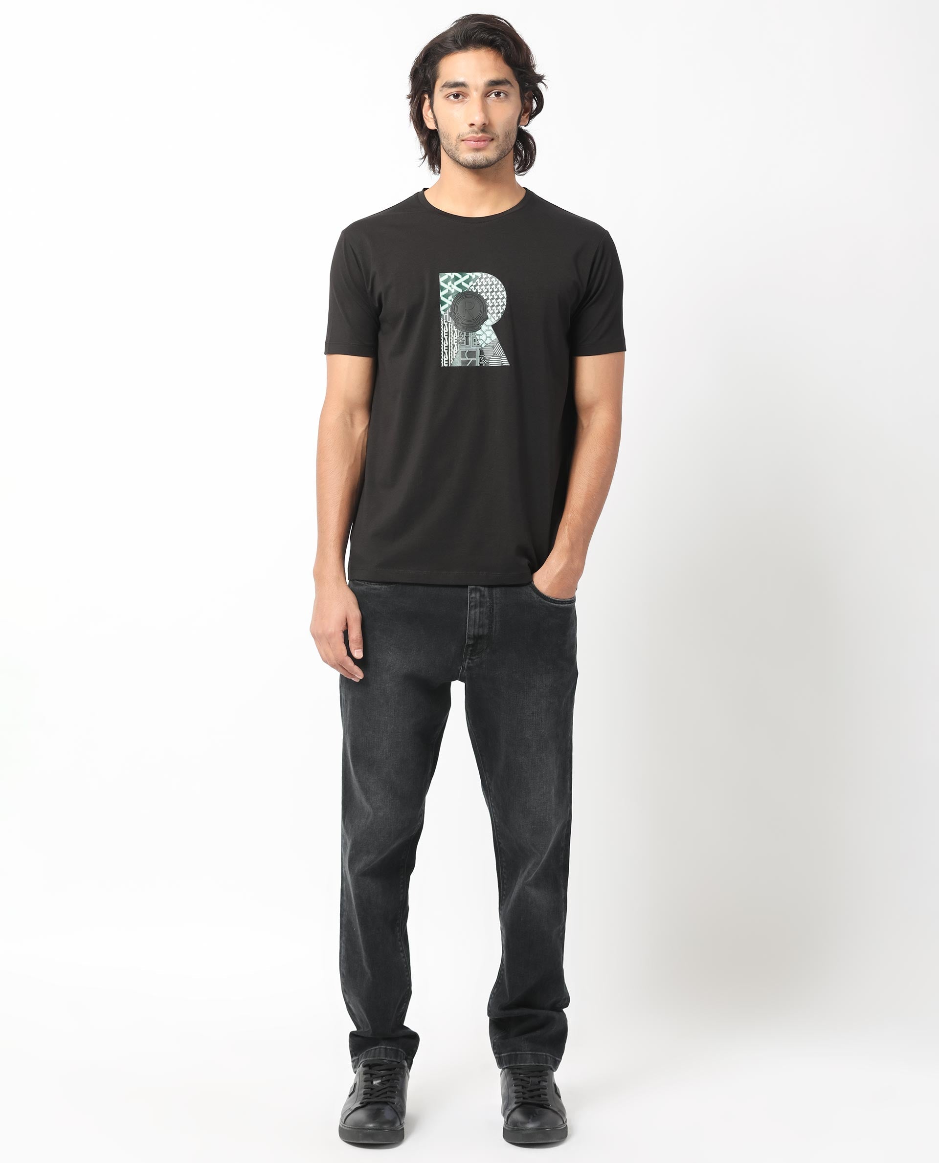 Rare Rabbit Men's Misor Black Crew Neck Half Sleeves Regular Fit Applique Rare Badge Graphic Print T-Shirt - view 3