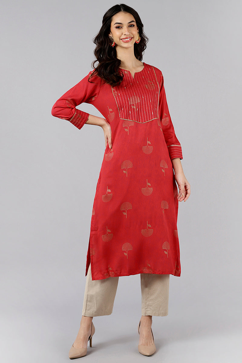Ahika Red Cotton Sequin Embroidered Straight Kurti VEK1065